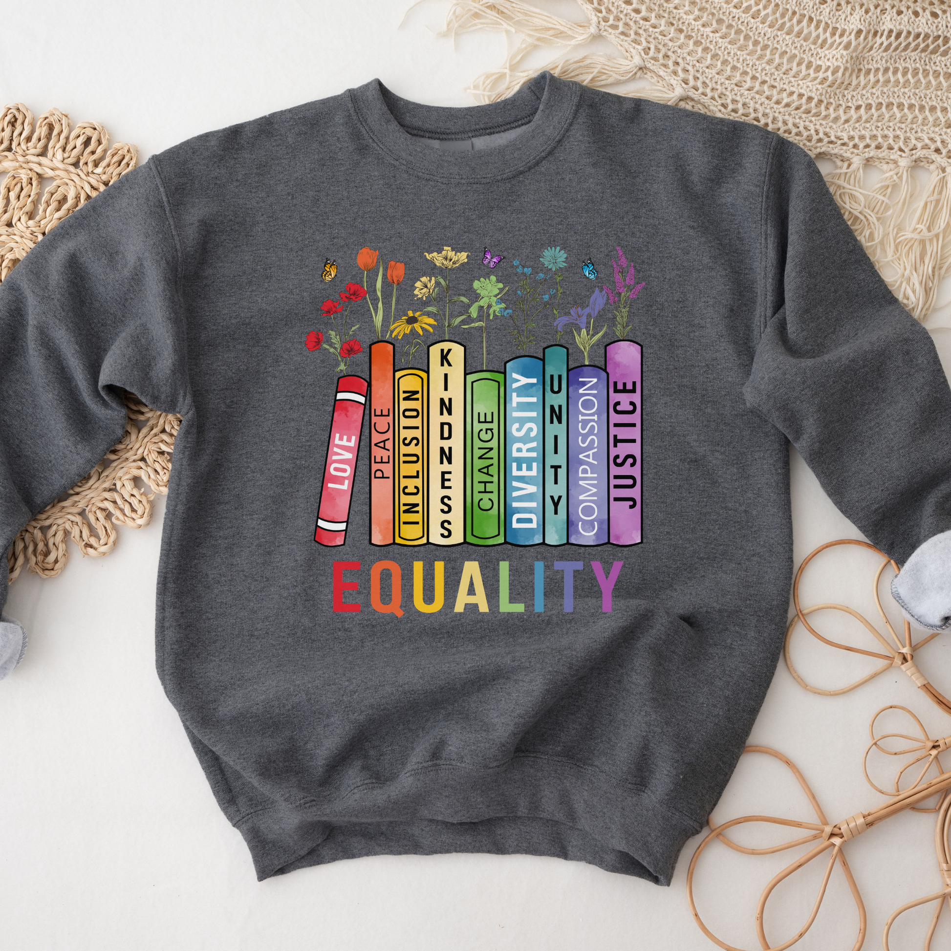 equality book sweatshirt, equality bookstack crewneck, rainbow equality sweatshirt, diversity and inclusion sweater, kindness justice compassion sweatshirt, teacher equality sweatshirt, librarian equality pullover, book lover pride sweatshirt, LGBTQ ally rainbow sweatshirt, social justice graphic crewneck, inclusive classroom apparel, unisex equality sweater, rainbow book design sweatshirt
