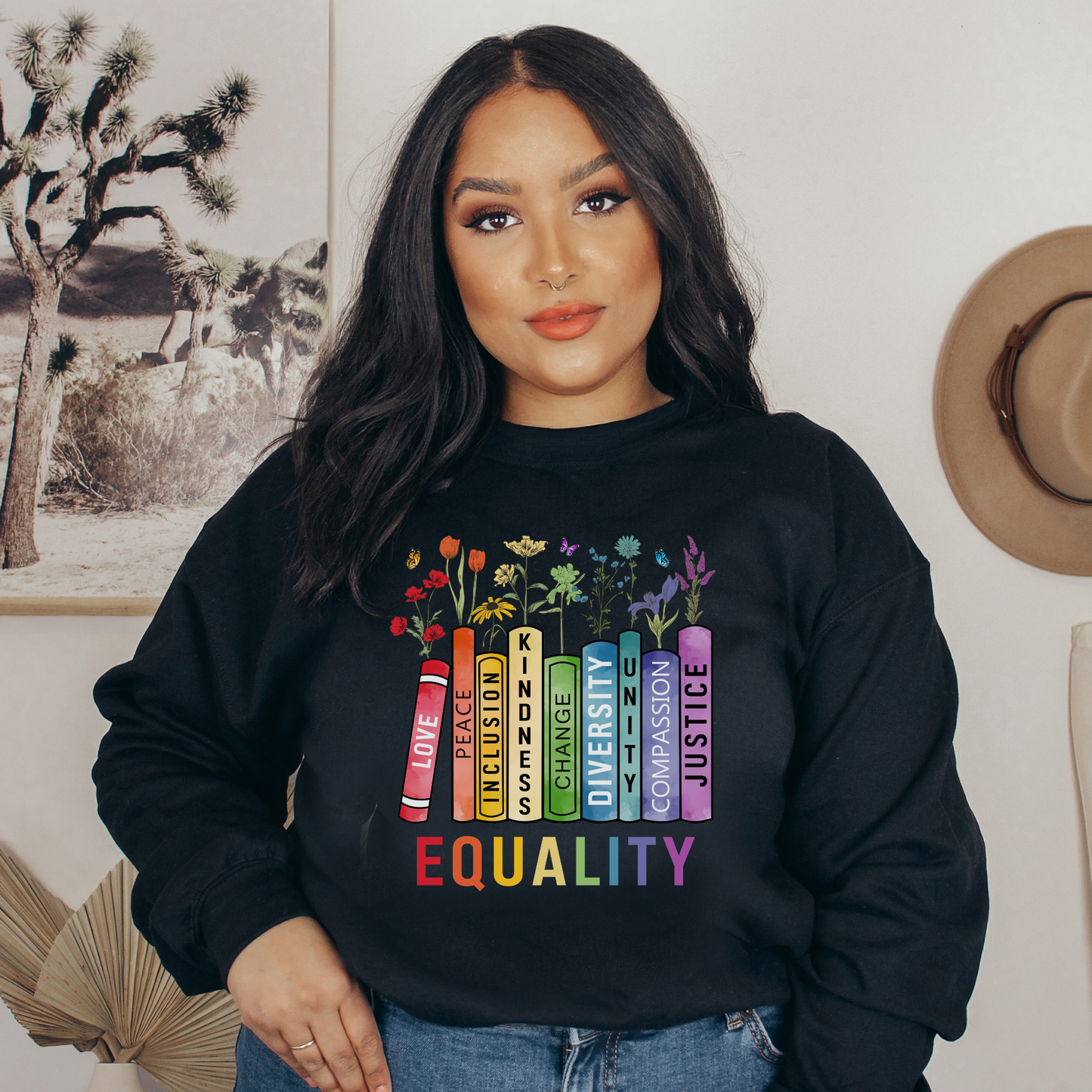 equality book sweatshirt, equality bookstack crewneck, rainbow equality sweatshirt, diversity and inclusion sweater, kindness justice compassion sweatshirt, teacher equality sweatshirt, librarian equality pullover, book lover pride sweatshirt, LGBTQ ally rainbow sweatshirt, social justice graphic crewneck, inclusive classroom apparel, unisex equality sweater, rainbow book design sweatshirt