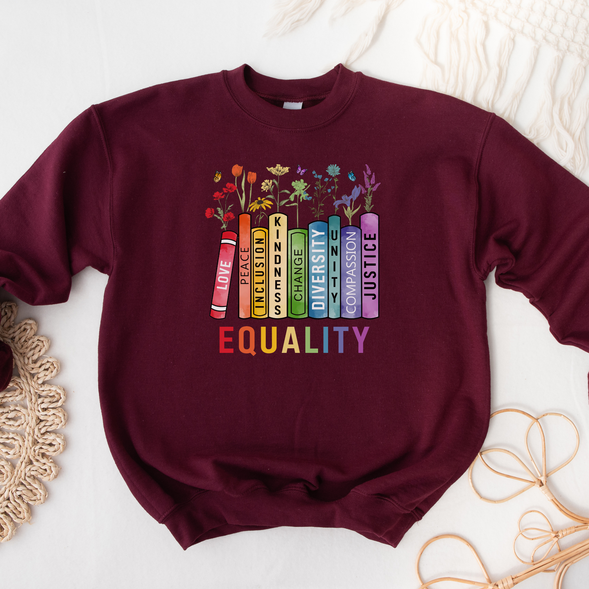 equality book sweatshirt, equality bookstack crewneck, rainbow equality sweatshirt, diversity and inclusion sweater, kindness justice compassion sweatshirt, teacher equality sweatshirt, librarian equality pullover, book lover pride sweatshirt, LGBTQ ally rainbow sweatshirt, social justice graphic crewneck, inclusive classroom apparel, unisex equality sweater, rainbow book design sweatshirt