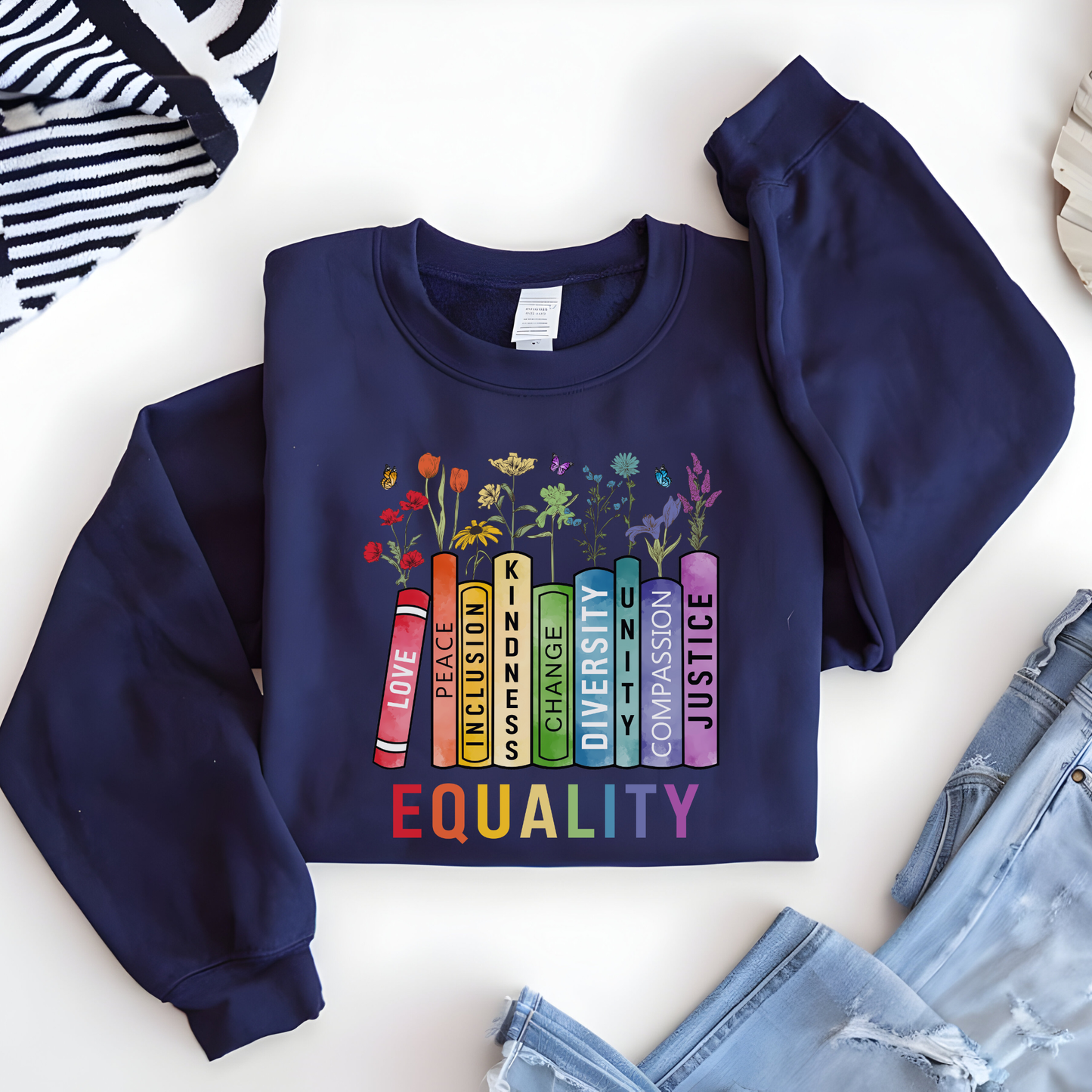 equality book sweatshirt, equality bookstack crewneck, rainbow equality sweatshirt, diversity and inclusion sweater, kindness justice compassion sweatshirt, teacher equality sweatshirt, librarian equality pullover, book lover pride sweatshirt, LGBTQ ally rainbow sweatshirt, social justice graphic crewneck, inclusive classroom apparel, unisex equality sweater, rainbow book design sweatshirt
