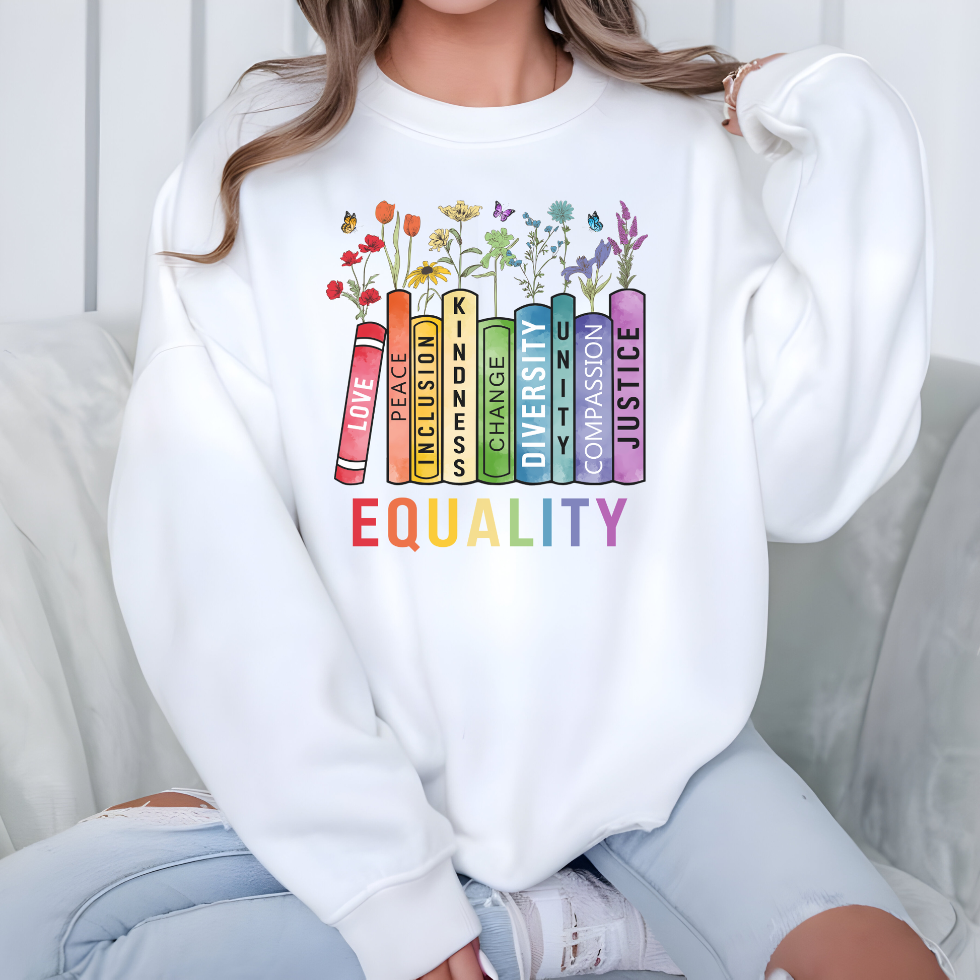 equality book sweatshirt, equality bookstack crewneck, rainbow equality sweatshirt, diversity and inclusion sweater, kindness justice compassion sweatshirt, teacher equality sweatshirt, librarian equality pullover, book lover pride sweatshirt, LGBTQ ally rainbow sweatshirt, social justice graphic crewneck, inclusive classroom apparel, unisex equality sweater, rainbow book design sweatshirt