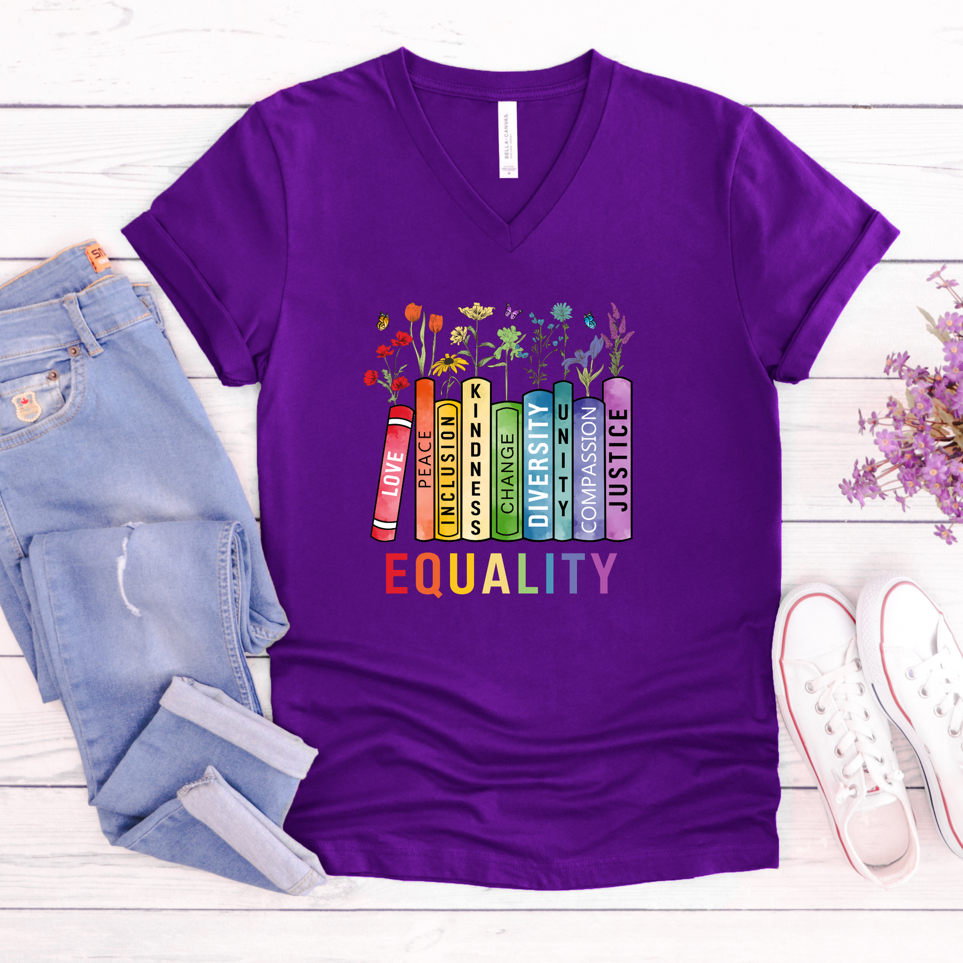 equality book v-neck t-shirt, equality bookstack v-neck, rainbow equality v-neck tee, diversity and inclusion shirt, kindness justice compassion shirt, teacher equality v-neck, librarian equality t-shirt, book lover pride v-neck, LGBTQ ally rainbow tee, social justice graphic shirt, inclusive classroom apparel, equality graphic v-neck, unisex rainbow book shirt