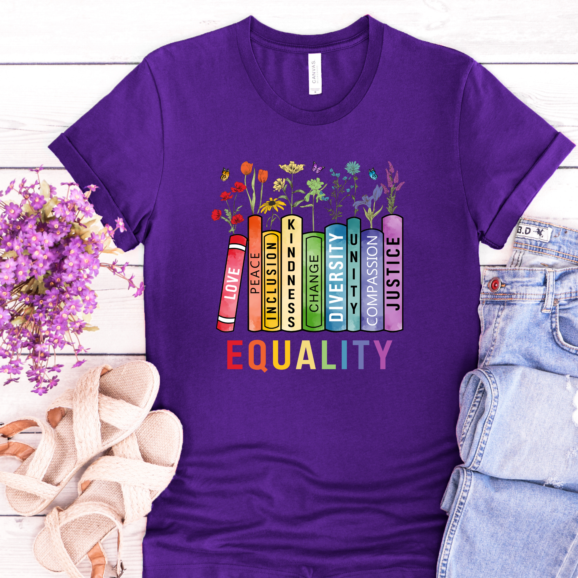 equality book shirt, equality bookstack tee, rainbow equality t-shirt, diversity inclusion kindness justice shirt, teacher equality shirt, librarian equality tee, book lover pride shirt, LGBTQ ally graphic tee, social justice rainbow shirt, inclusive classroom apparel