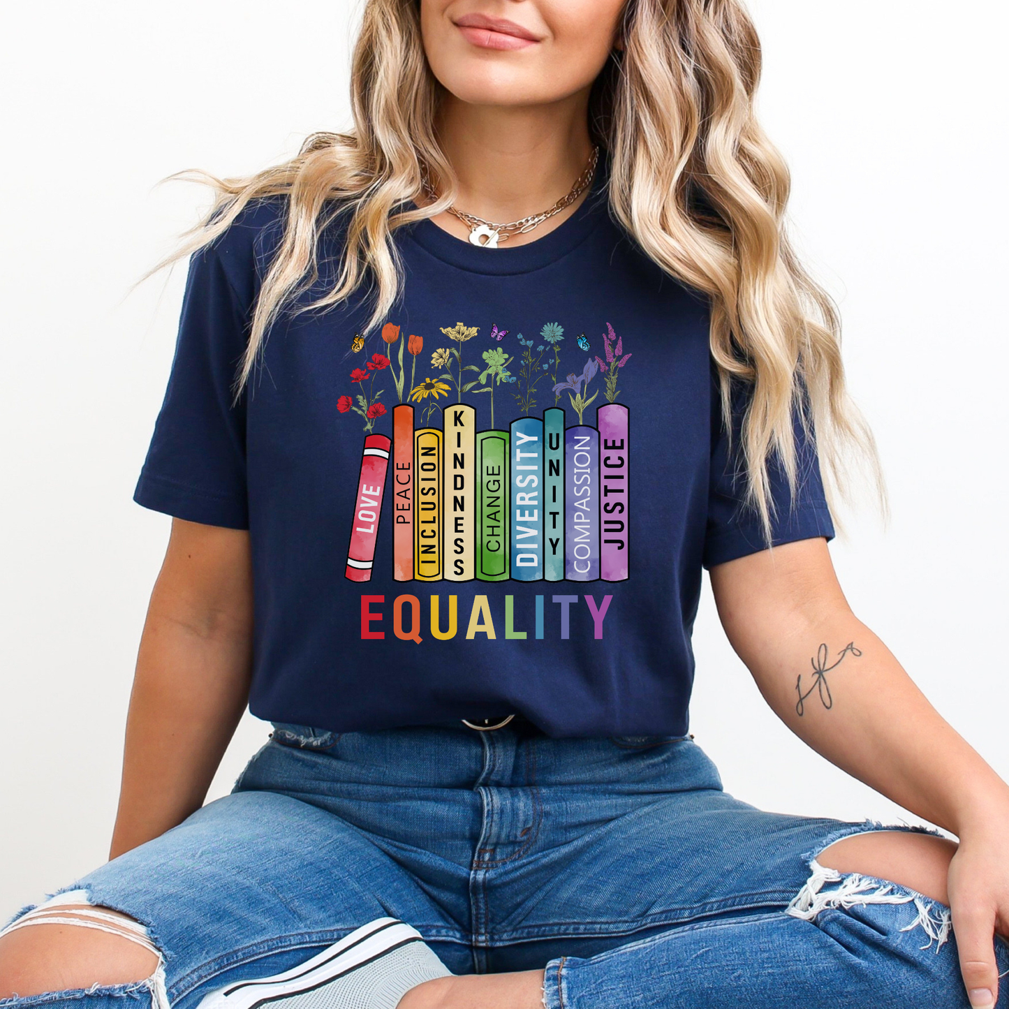 equality book shirt, equality bookstack tee, rainbow equality t-shirt, diversity inclusion kindness justice shirt, teacher equality shirt, librarian equality tee, book lover pride shirt, LGBTQ ally graphic tee, social justice rainbow shirt, inclusive classroom apparel