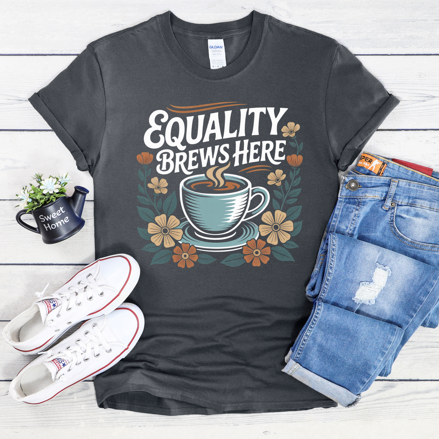 equality brews here shirt, coffee lover shirt, floral coffee shirt, equality graphic tee, barista shirt, feminist coffee shirt, social justice shirt, diversity shirt, indigenous shop canada