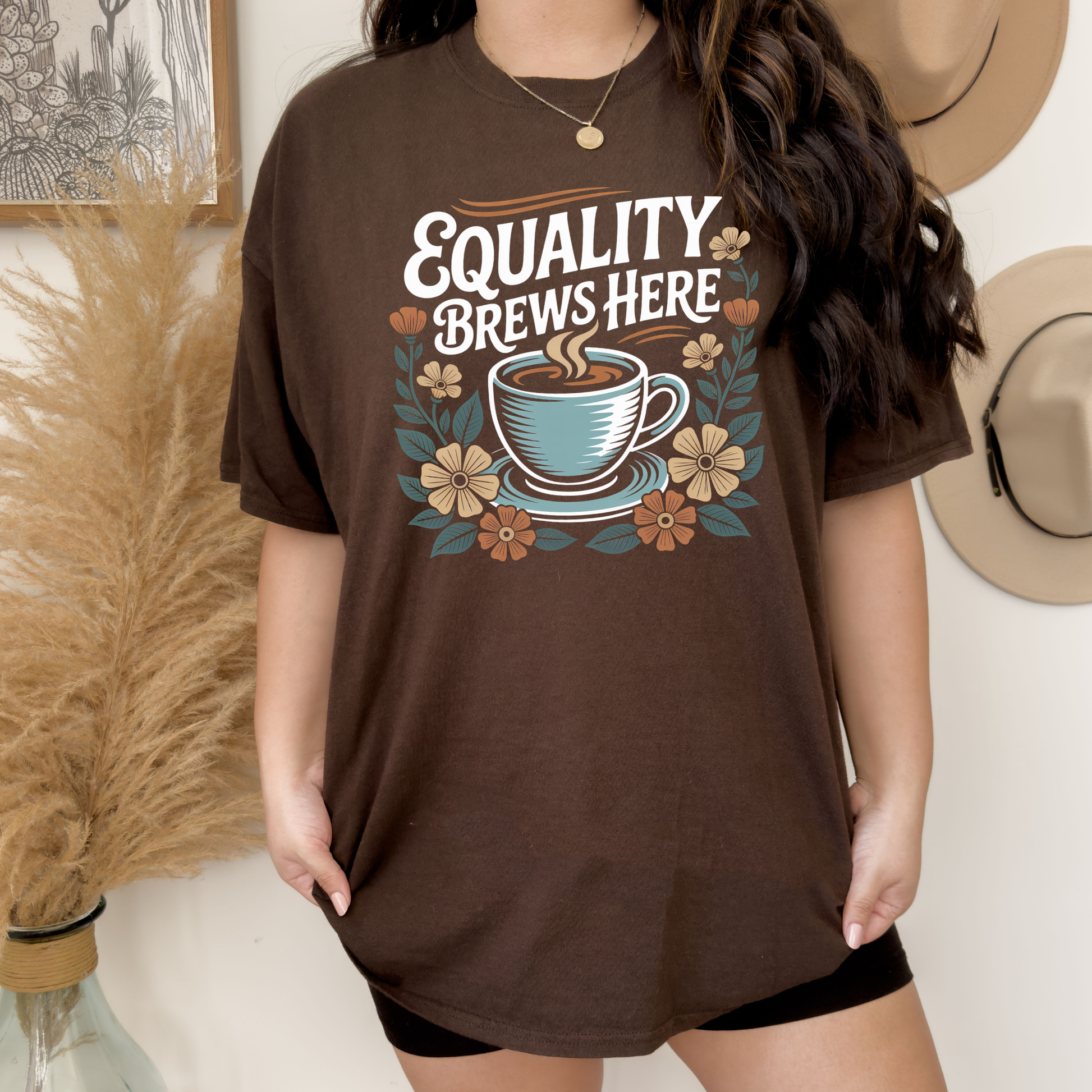 equality brews here shirt, coffee lover shirt, floral coffee shirt, equality graphic tee, barista shirt, feminist coffee shirt, social justice shirt, diversity shirt, indigenous shop canada