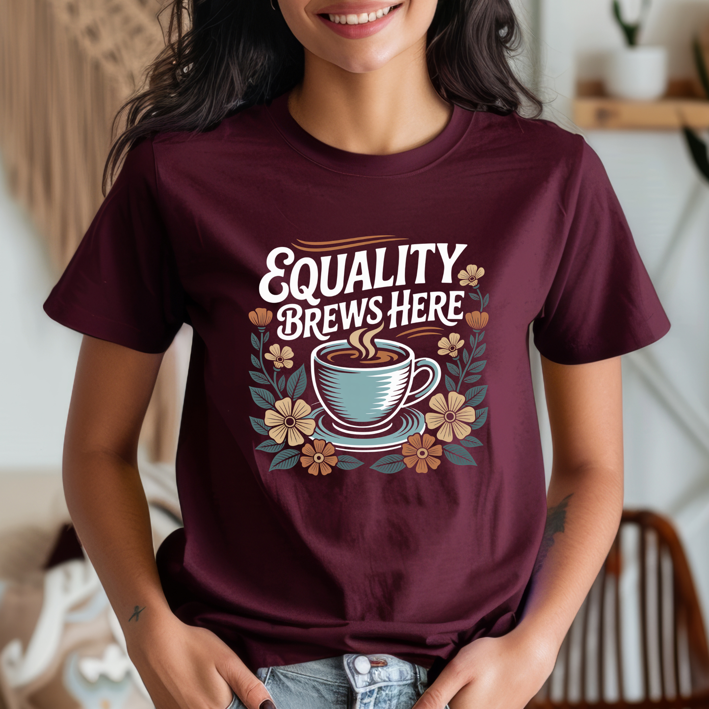 equality brews here shirt, coffee lover shirt, floral coffee shirt, equality graphic tee, barista shirt, feminist coffee shirt, social justice shirt, diversity shirt, indigenous shop canada