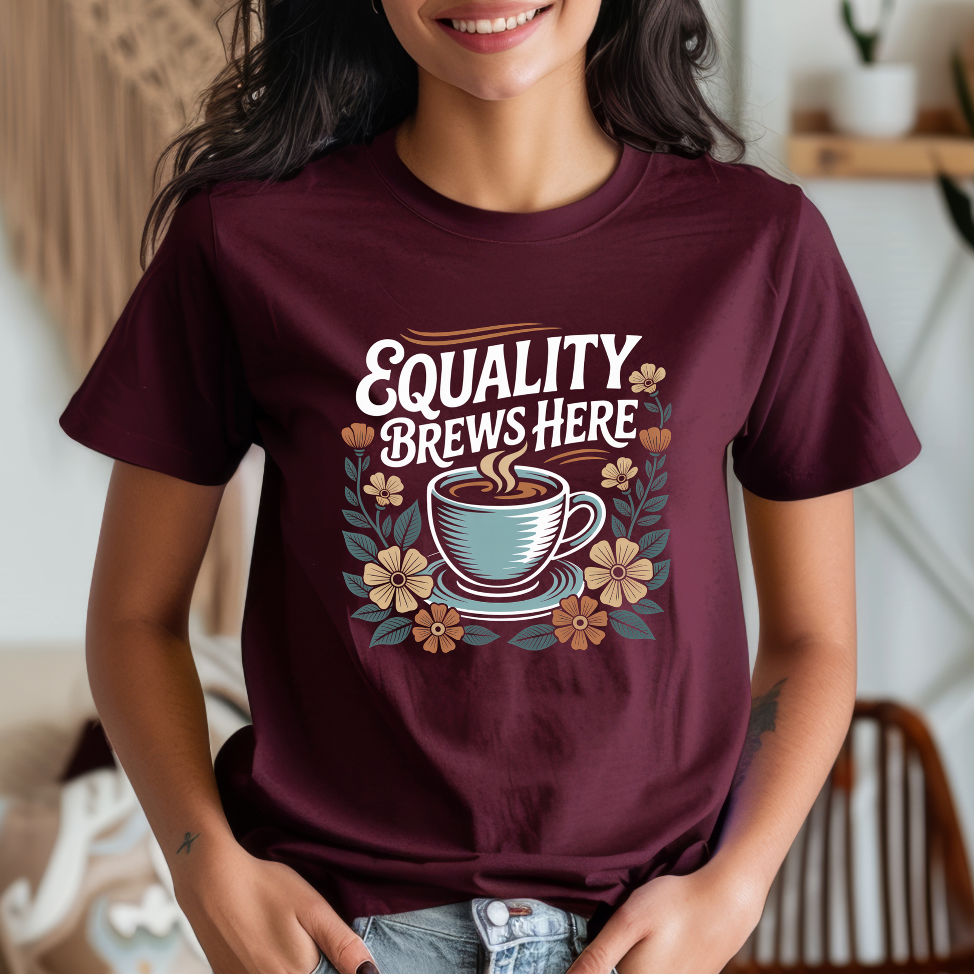 equality brews here shirt, coffee lover shirt, floral coffee shirt, equality graphic tee, barista shirt, feminist coffee shirt, social justice shirt, diversity shirt, indigenous shop canada
