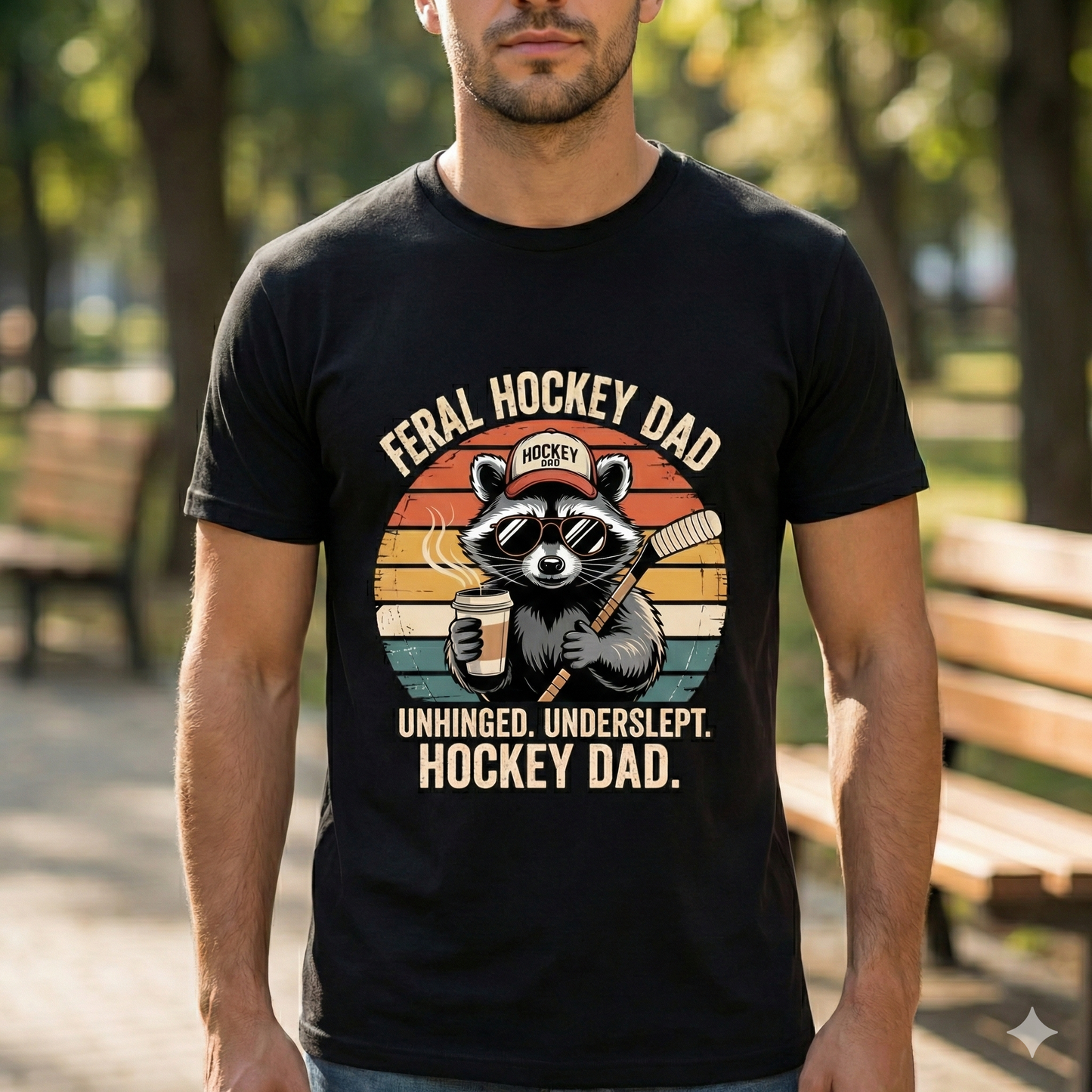 Person wearing a black t-shirt with a raccoon graphic and text in an outdoor setting. Feral Hockey Dad Shirt. Canadian hockey dad shirt.
