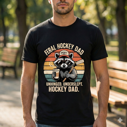 Person wearing a black t-shirt with a raccoon graphic and text in an outdoor setting. Feral Hockey Dad Shirt. Canadian hockey dad shirt.