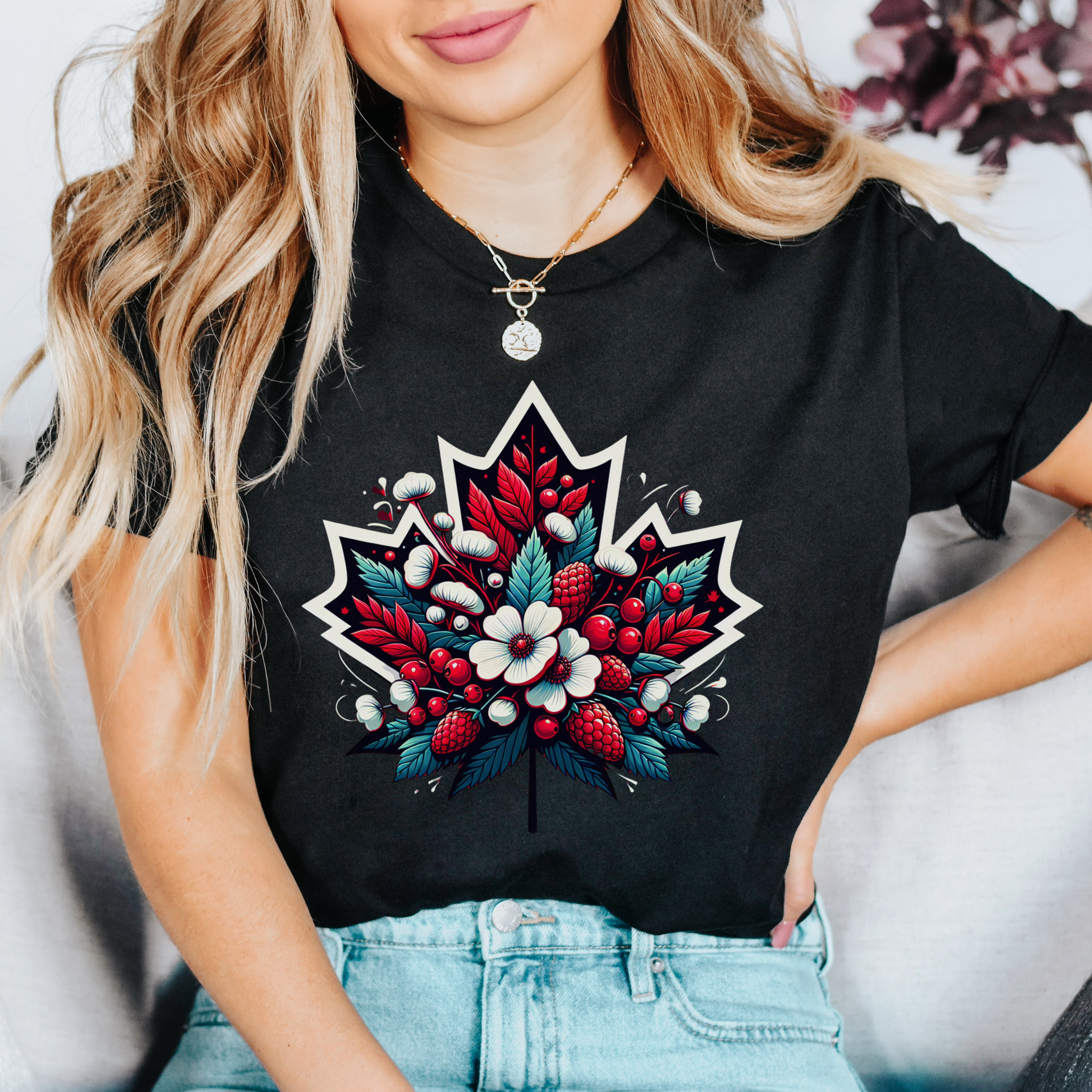 Red Canada Day shirt featuring a maple leaf filled with flowers, berries, and botanical elements inspired by Canada's natural beauty. Floral Canada Flag Shirt, Canada Day Shirt, Maple Leaf Floral Shirt, Canadian Pride Shirt, Made in Canada Apparel, Canada Graphic Tee, Botanical Maple Leaf Shirt, Berry Floral Shirt, Canadian Nature Shirt, Canada Day Clothing