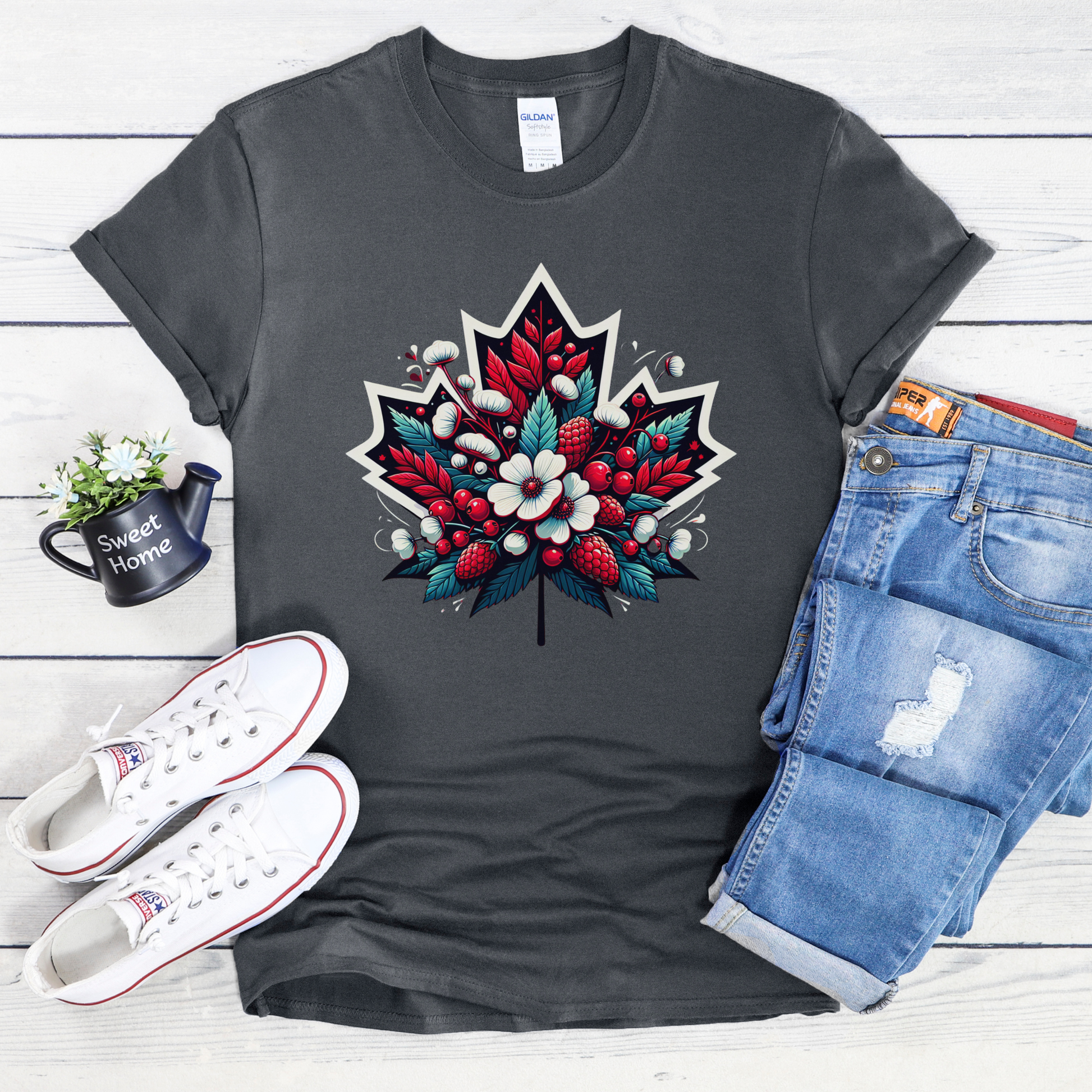 Red Canada Day shirt featuring a maple leaf filled with flowers, berries, and botanical elements inspired by Canada's natural beauty. Floral Canada Flag Shirt, Canada Day Shirt, Maple Leaf Floral Shirt, Canadian Pride Shirt, Made in Canada Apparel, Canada Graphic Tee, Botanical Maple Leaf Shirt, Berry Floral Shirt, Canadian Nature Shirt, Canada Day Clothing