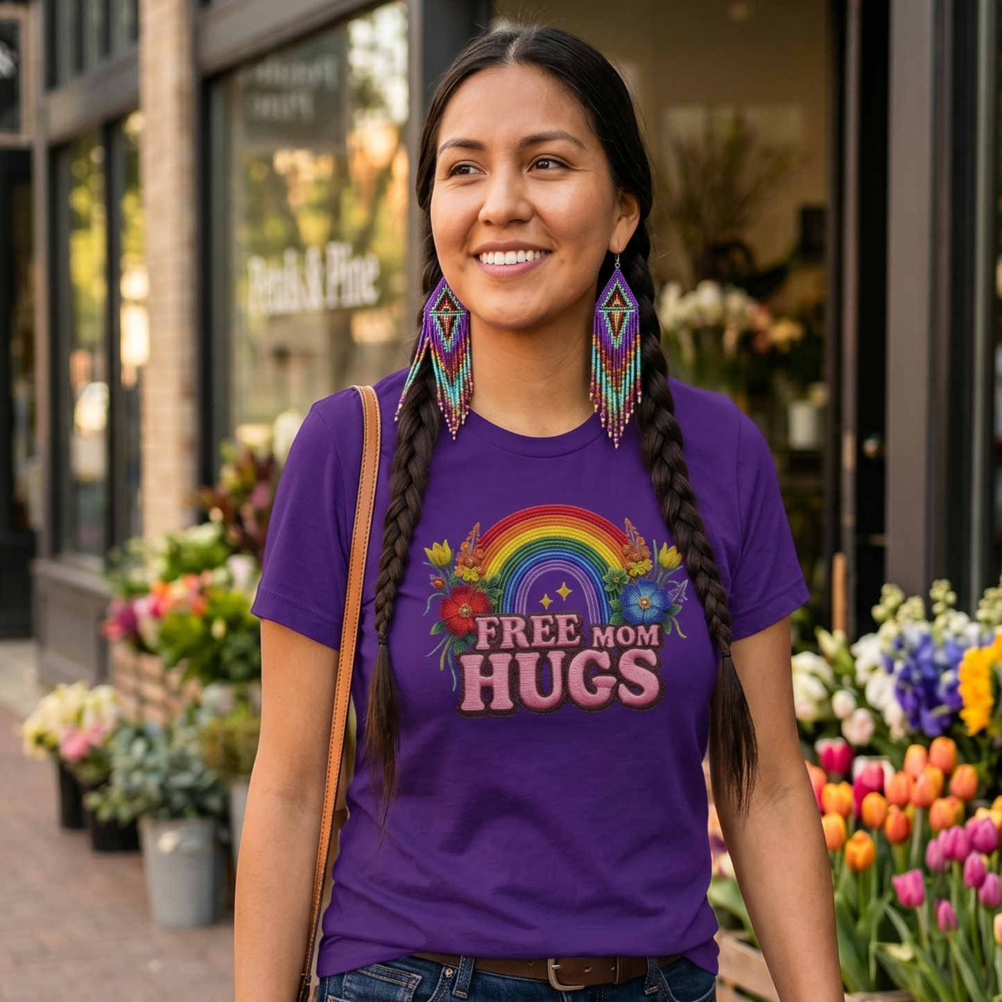 Free Mom Hugs Shirt featuring Indigenous-inspired beaded floral artwork, rainbow design, and pink faux embroidered lettering. free mom hugs shirt, pride shirt, indigenous floral shirt, beaded floral shirt, rainbow pride shirt, lgbtq ally shirt, supportive mom shirt, pride parade shirt, indigenous inspired apparel, faux embroidery shirt, mom hugs shirt, rainbow floral tee, inclusive apparel, pride month shirt, indigenous beadwork design, ally gift, lgbtq support shirt, community love shirt, acceptance shirt