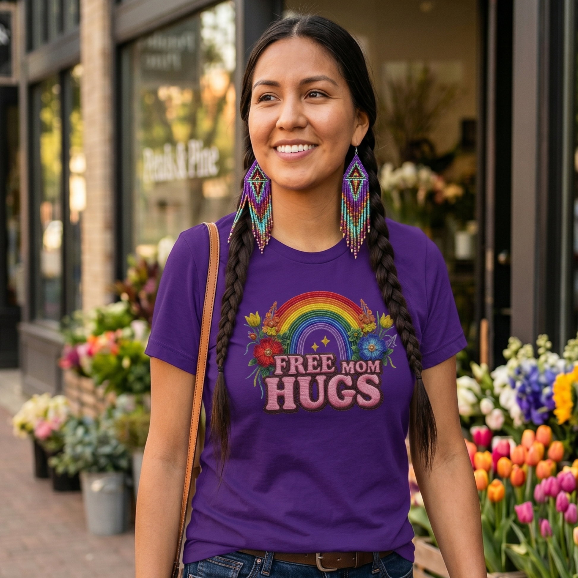 Free Mom Hugs Shirt featuring Indigenous-inspired beaded floral artwork, rainbow design, and pink faux embroidered lettering. free mom hugs shirt, pride shirt, indigenous floral shirt, beaded floral shirt, rainbow pride shirt, lgbtq ally shirt, supportive mom shirt, pride parade shirt, indigenous inspired apparel, faux embroidery shirt, mom hugs shirt, rainbow floral tee, inclusive apparel, pride month shirt, indigenous beadwork design, ally gift, lgbtq support shirt, community love shirt, acceptance shirt