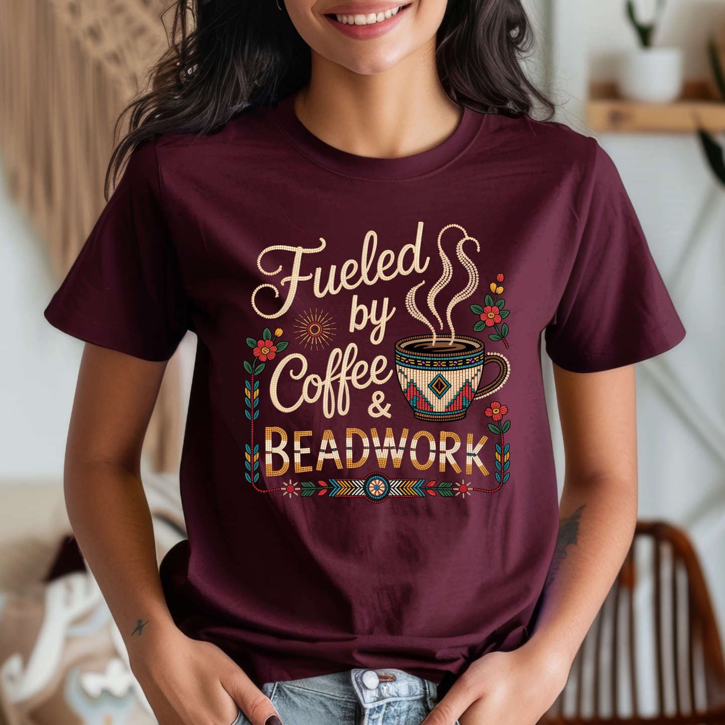 Fueled by Coffee and Beadwork Shirt featuring an Indigenous-inspired beaded coffee mug, floral artwork, and decorative accents designed by an Indigenous artist at Sahdeh Spruce. fueled by coffee and beadwork shirt, beadwork shirt, indigenous beadwork shirt, indigenous coffee shirt, coffee lover shirt, beader shirt, bead artist shirt, indigenous artist apparel, sahdeh spruce, indigenous owned business, indigenous clothing, beaded coffee mug shirt, native beadwork 