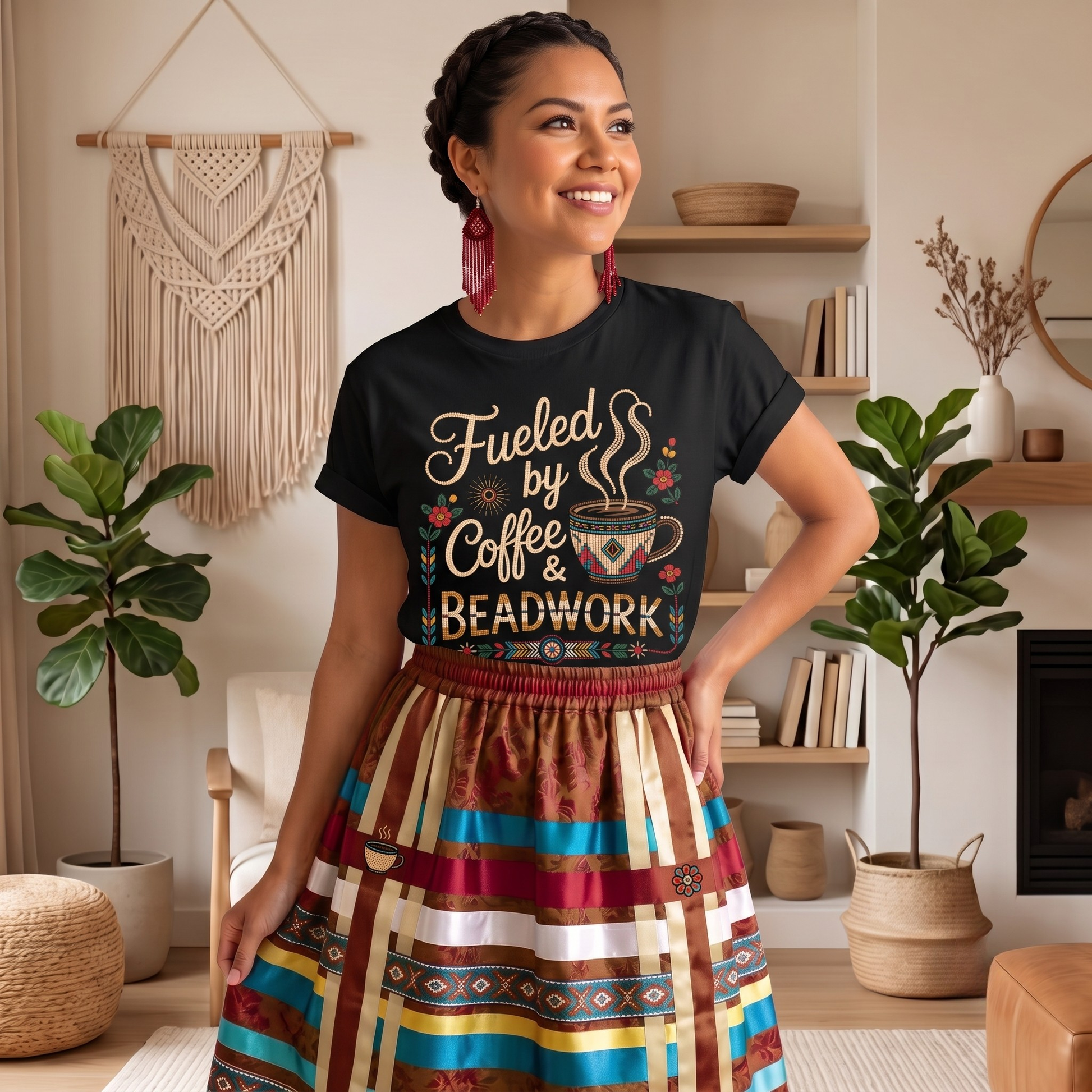 Fueled by Coffee and Beadwork Shirt featuring an Indigenous-inspired beaded coffee mug, floral artwork, and decorative accents designed by an Indigenous artist at Sahdeh Spruce. fueled by coffee and beadwork shirt, beadwork shirt, indigenous beadwork shirt, indigenous coffee shirt, coffee lover shirt, beader shirt, bead artist shirt, indigenous artist apparel, sahdeh spruce, indigenous owned business, indigenous clothing, beaded coffee mug shirt, native beadwork 