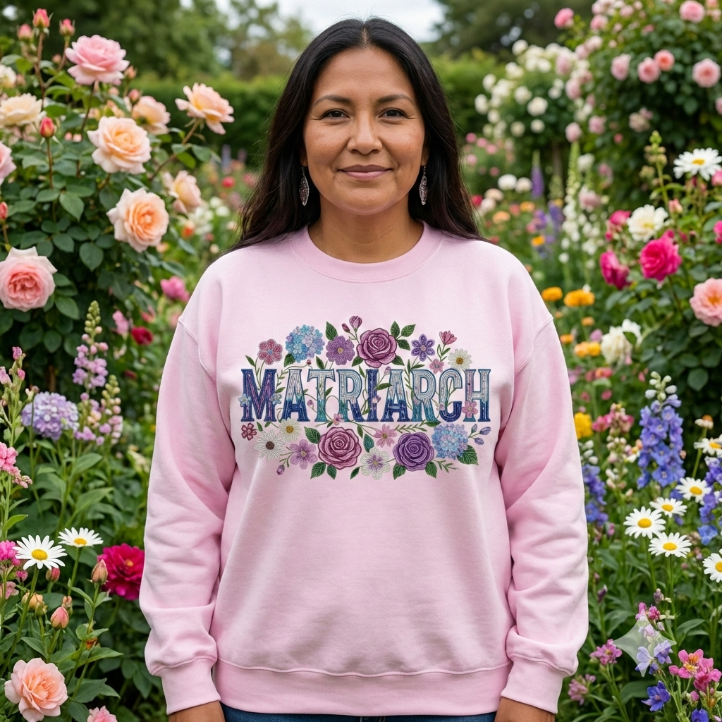 Woman wearing a pink sweatshirt with 'Matriarch' and floral designs in a garden setting