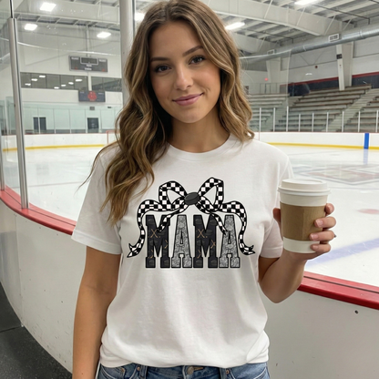 hockey mama coquette shirt, hockey checkered bow shirt, hockey mom tshirt