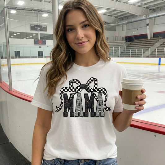 hockey mama coquette shirt, hockey checkered bow shirt, hockey mom tshirt