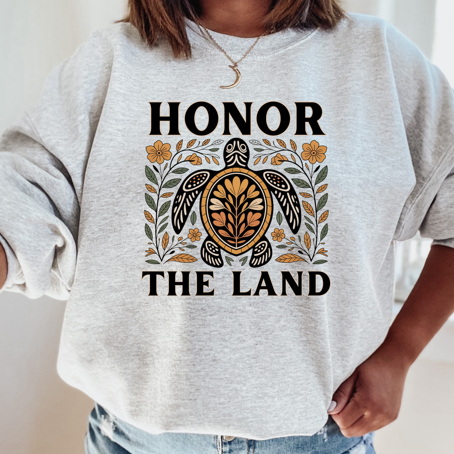 sweatshirt with 'Honor the Land' design ,honor the land turtle sweatshirt, indigenous turtle floral crewneck, indigenous designed fleece, land defender sweatshirt, turtle symbolism indigenous apparel, floral turtle sweatshirt, indigenous environmental hoodie, honor the land pullover, unisex indigenous sweatshirt, sahdeh spruce crewneck, cultural pride turtle fleece, native land stewardship shirt