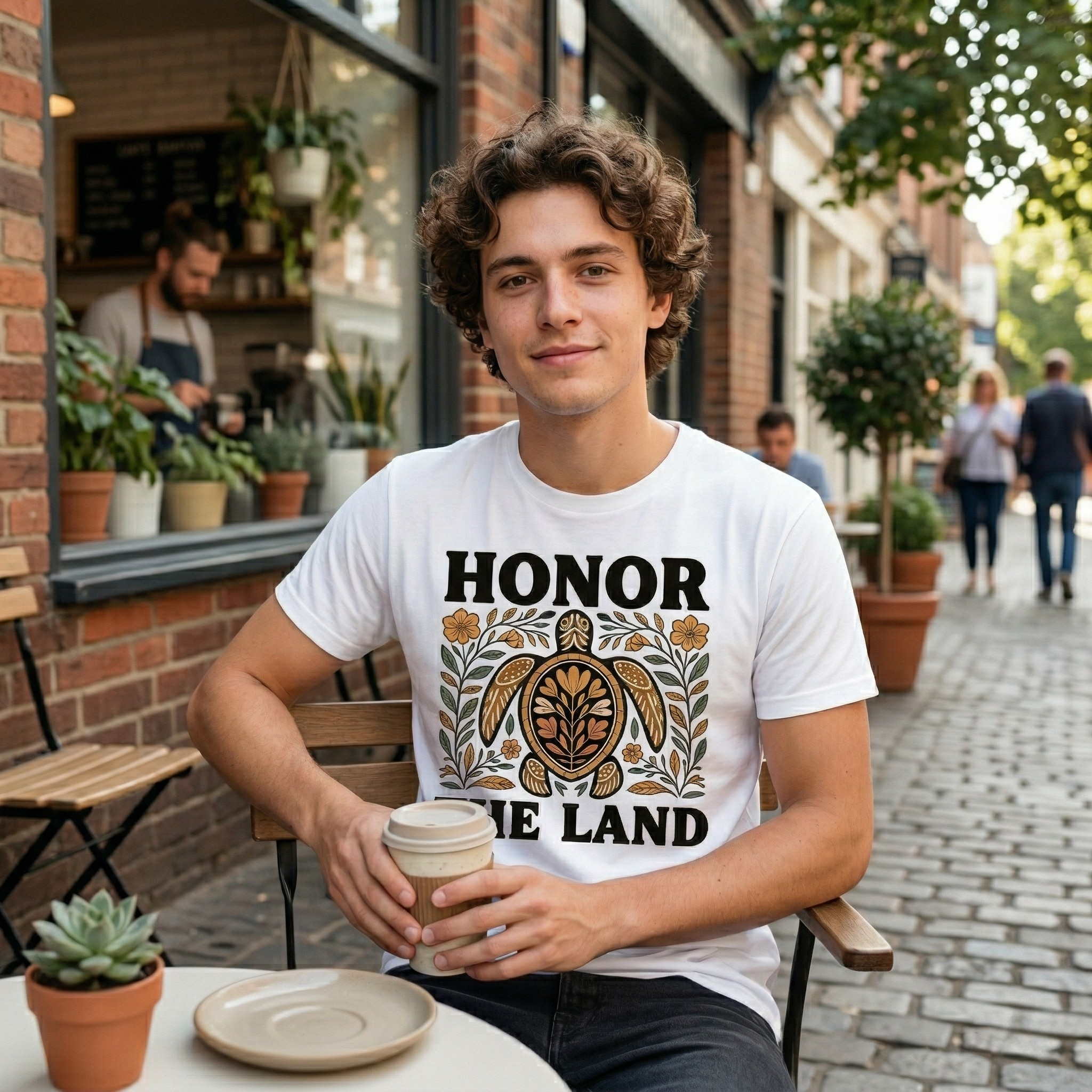 Person wearing a white t-shirt with 'Honor the Land' design, honor the land turtle shirt, indigenous turtle floral shirt, indigenous designed turtle tee, land defender t-shirt, turtle symbolism indigenous apparel, floral turtle graphic tee, indigenous environmental shirt, honor the land tee, unisex indigenous shirt, indigenous owned cl