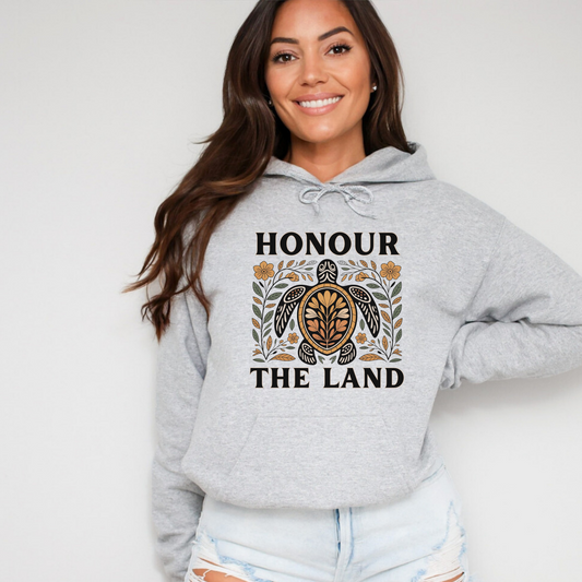 Honour the Land hoodie, Indigenous turtle hoodie, Indigenous floral hoodie, Mother Earth hoodie, Indigenous pride hoodie, Native American turtle hoodie, Indigenous graphic hoodie, Land Back hoodie, land protector sweatshirt, Indigenous culture apparel, Indigenous Peoples Day hoodie, Native pride clothing, Indigenous owned business, turtle floral design, environmental awareness hoodie, respect Mother Earth, Indigenous teachings hoodie, nature lover gift, Indigenous pullover hoodie, earth tone hoodie