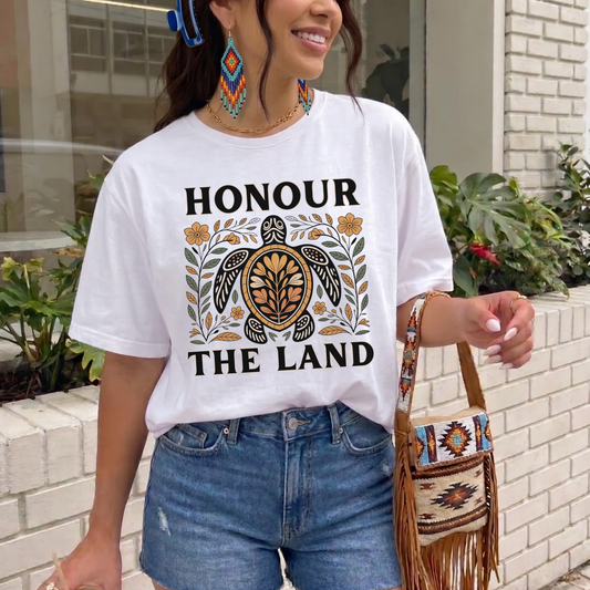 Honour the Land shirt, Indigenous turtle shirt, Indigenous floral tee, Mother Earth shirt, Indigenous pride shirt, Native American turtle shirt, Indigenous graphic tee, Land Back shirt, land protector shirt, Indigenous culture apparel, Indigenous Peoples Day shirt, Native pride clothing, Indigenous owned business, turtle floral design, environmental awareness shirt, respect Mother Earth, Indigenous teachings shirt, nature lover gift, Indigenous inspired clothing, earth tones graphic tee