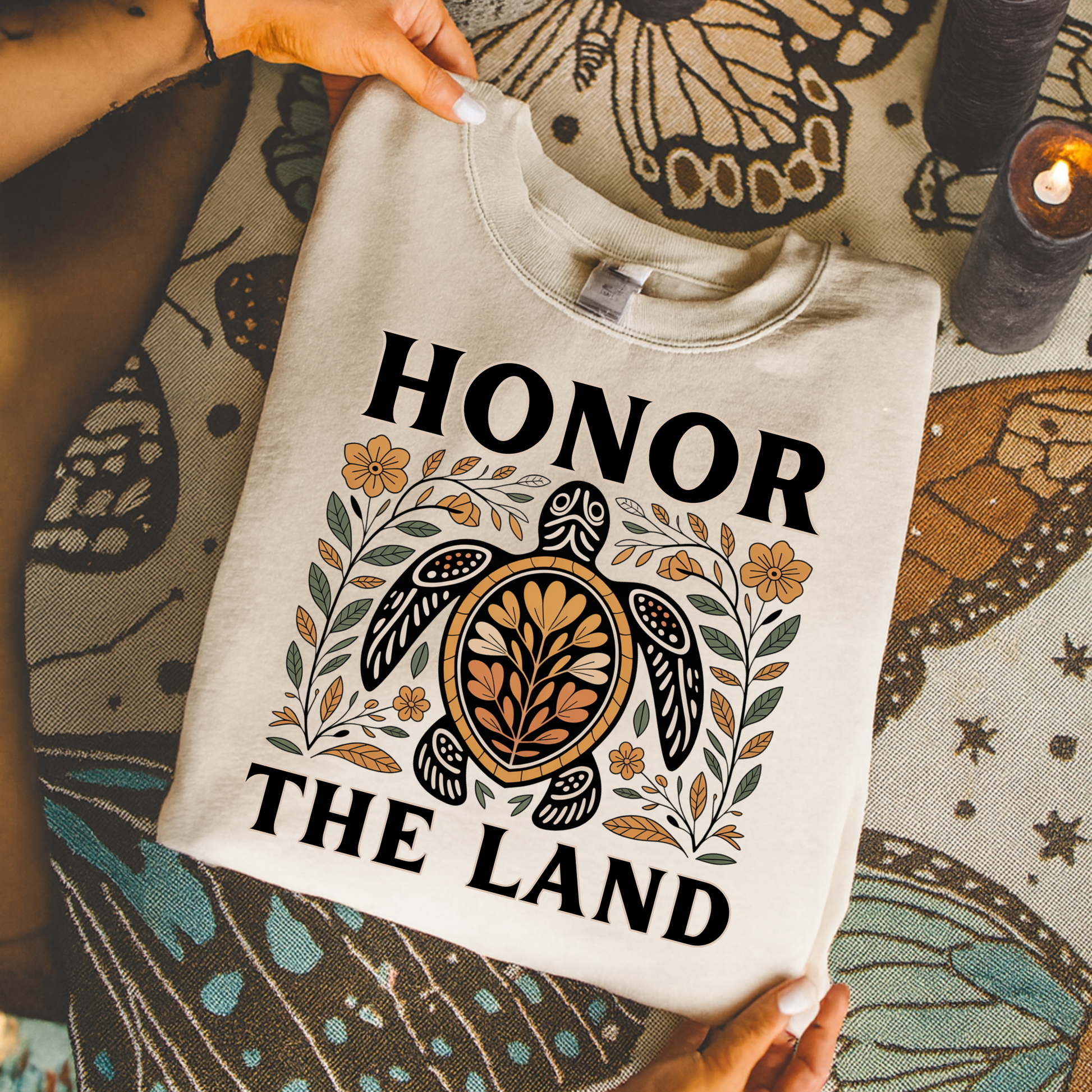 sweatshirt with 'Honor the Land' design ,honor the land turtle sweatshirt, indigenous turtle floral crewneck, indigenous designed fleece, land defender sweatshirt, turtle symbolism indigenous apparel, floral turtle sweatshirt, indigenous environmental hoodie, honor the land pullover, unisex indigenous sweatshirt, sahdeh spruce crewneck, cultural pride turtle fleece, native land stewardship shirt
