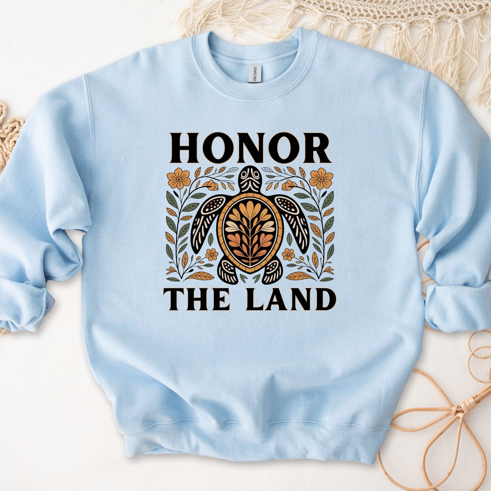 sweatshirt with 'Honor the Land' design, honor the land turtle sweatshirt, indigenous turtle floral crewneck, indigenous designed fleece, land defender sweatshirt, turtle symbolism indigenous apparel, floral turtle sweatshirt, indigenous environmental hoodie, honor the land pullover, unisex indigenous sweatshirt, sahdeh spruce crewneck, cultural pride turtle fleece, native land stewardship shirt