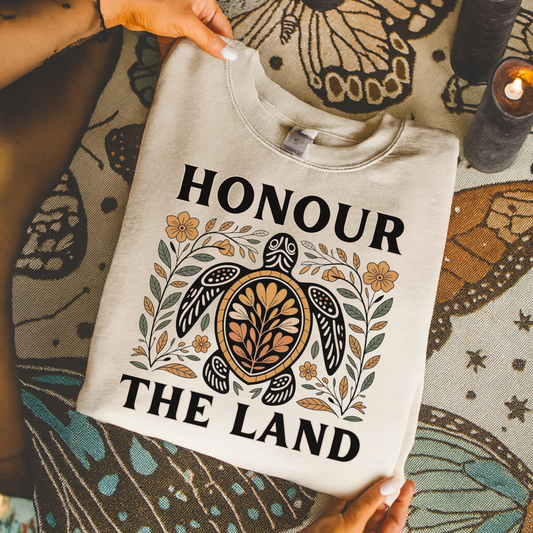 Honour the Land sweatshirt, Indigenous turtle sweatshirt, Indigenous floral crewneck, Mother Earth sweater, Indigenous pride sweatshirt, Native American turtle sweater, Indigenous graphic sweatshirt, Land Back sweatshirt, land protector sweater, Indigenous culture apparel, Indigenous Peoples Day sweatshirt, Native pride clothing, Indigenous owned business, turtle floral design, environmental awareness sweatshirt, respect Mother Earth, Indigenous teachings sweater, nature lover gift, Indigenous inspired crew