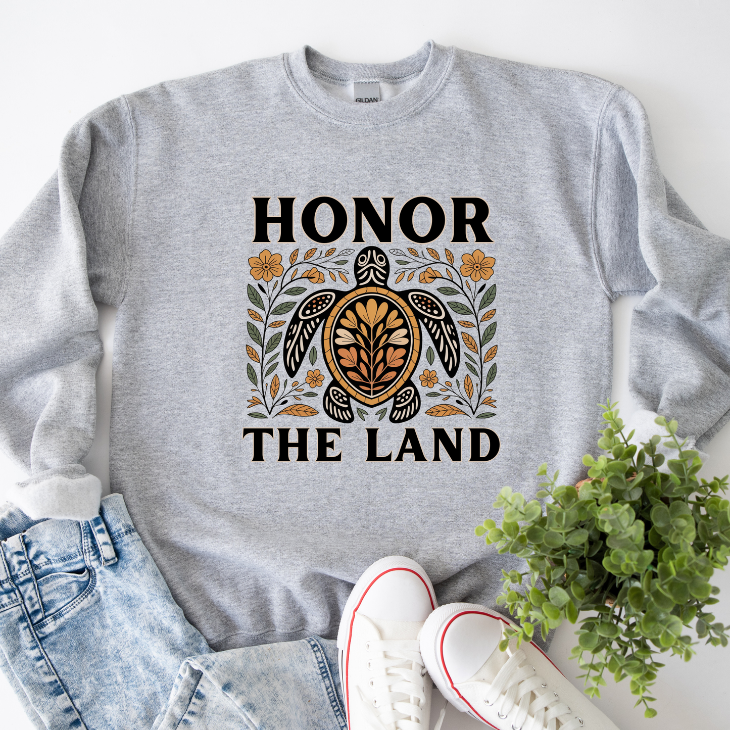 sweatshirt with 'Honor the Land' design, honor the land turtle sweatshirt, indigenous turtle floral crewneck, indigenous designed fleece, land defender sweatshirt, turtle symbolism indigenous apparel, floral turtle sweatshirt, indigenous environmental hoodie, honor the land pullover, unisex indigenous sweatshirt, sahdeh spruce crewneck, cultural pride turtle fleece, native land stewardship shirt