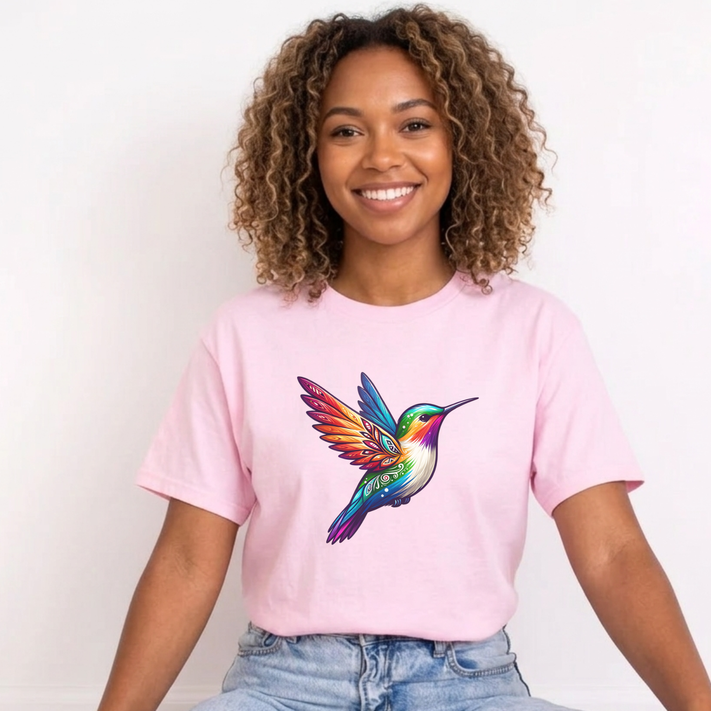 Colourful Indigenous Pride hummingbird design on t-shirt featuring rainbow feathers and Indigenous-inspired artwork. Indigenous Pride Shirt, Indigenous Hummingbird Shirt, LGBTQ2S+ Indigenous Apparel, Pride Hummingbird Tee, Indigenous Clothing Canada, Rainbow Hummingbird Shirt, Indigenous Designed Apparel, Native Pride Shirt, Indigenous LGBTQ Shirt