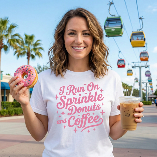 Woman wearing a t-shirt with a humorous quote, holding a donut and iced coffee, with a background of a theme park.