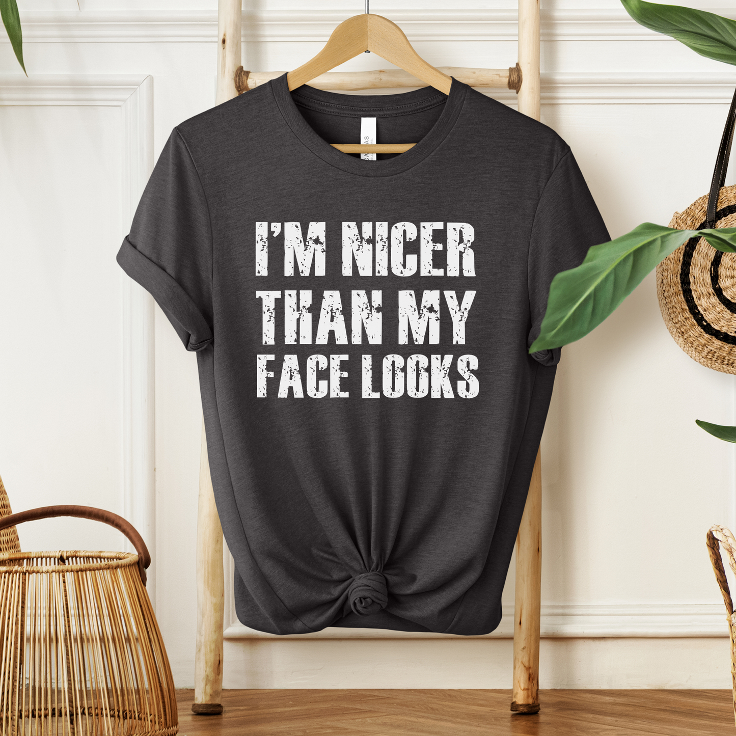 graphic t-shirt with distressed grunge text reading I’m Nicer Than My Face Looks. Funny graphic tee, sarcastic shirt, grunge text shirt, introvert shirt, funny saying t-shirt, vintage grunge tee, resting face shirt, funny women’s graphic tee, sarcastic apparel, trendy graphic shirt