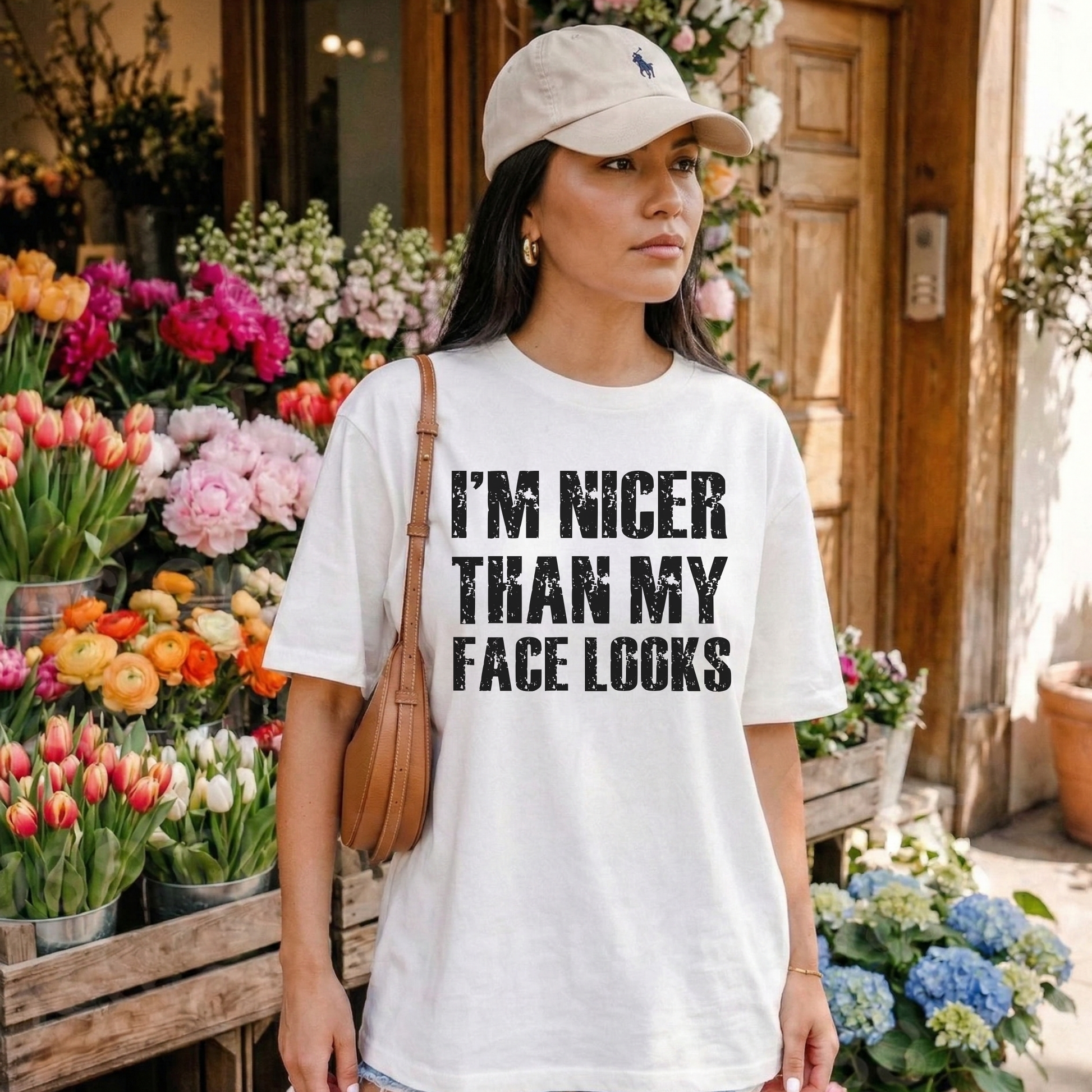 graphic t-shirt with distressed grunge text reading I’m Nicer Than My Face Looks. Funny graphic tee, sarcastic shirt, grunge text shirt, introvert shirt, funny saying t-shirt, vintage grunge tee, resting face shirt, funny women’s graphic tee, sarcastic apparel, trendy graphic shirt