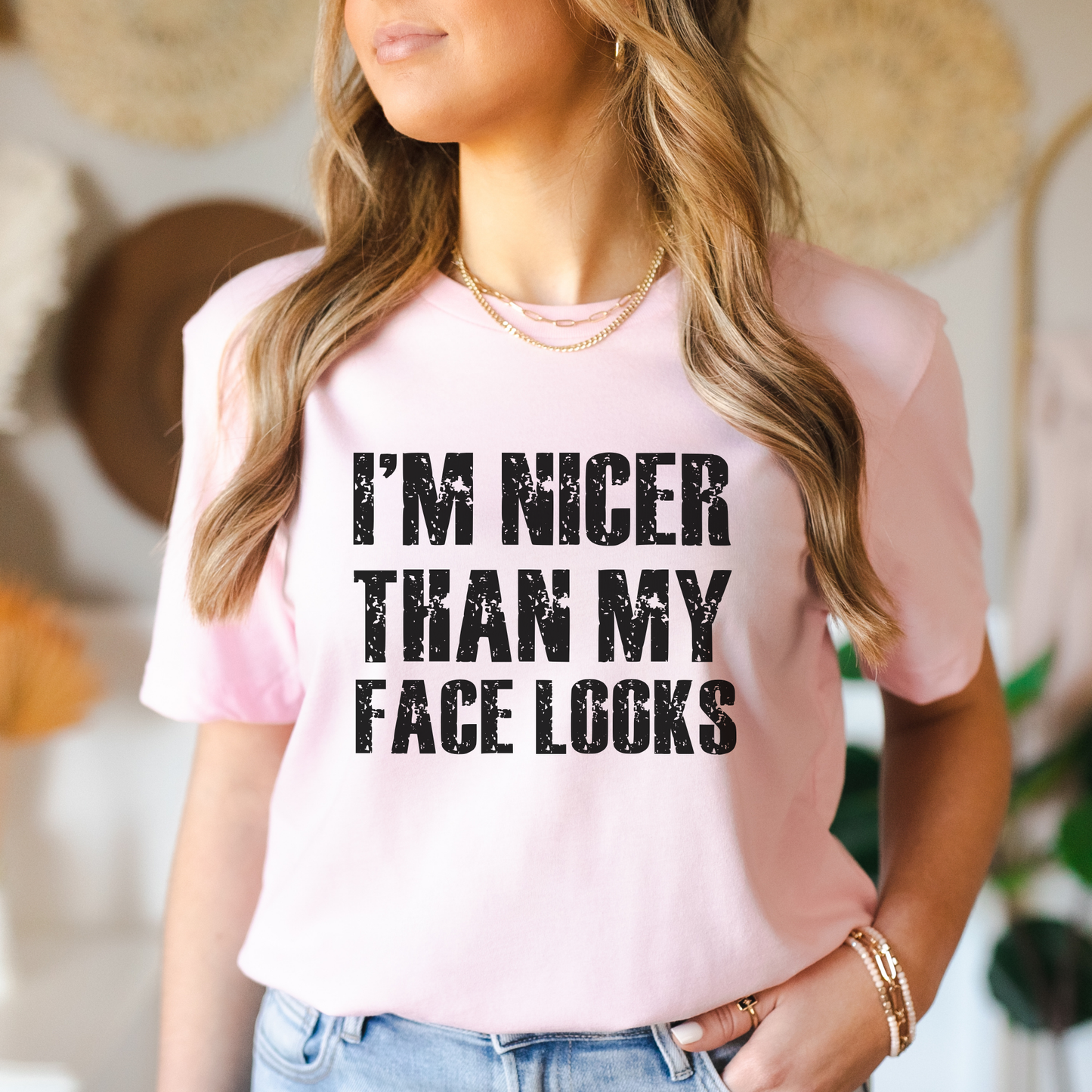 graphic t-shirt with distressed grunge text reading I’m Nicer Than My Face Looks. Funny graphic tee, sarcastic shirt, grunge text shirt, introvert shirt, funny saying t-shirt, vintage grunge tee, resting face shirt, funny women’s graphic tee, sarcastic apparel, trendy graphic shirt