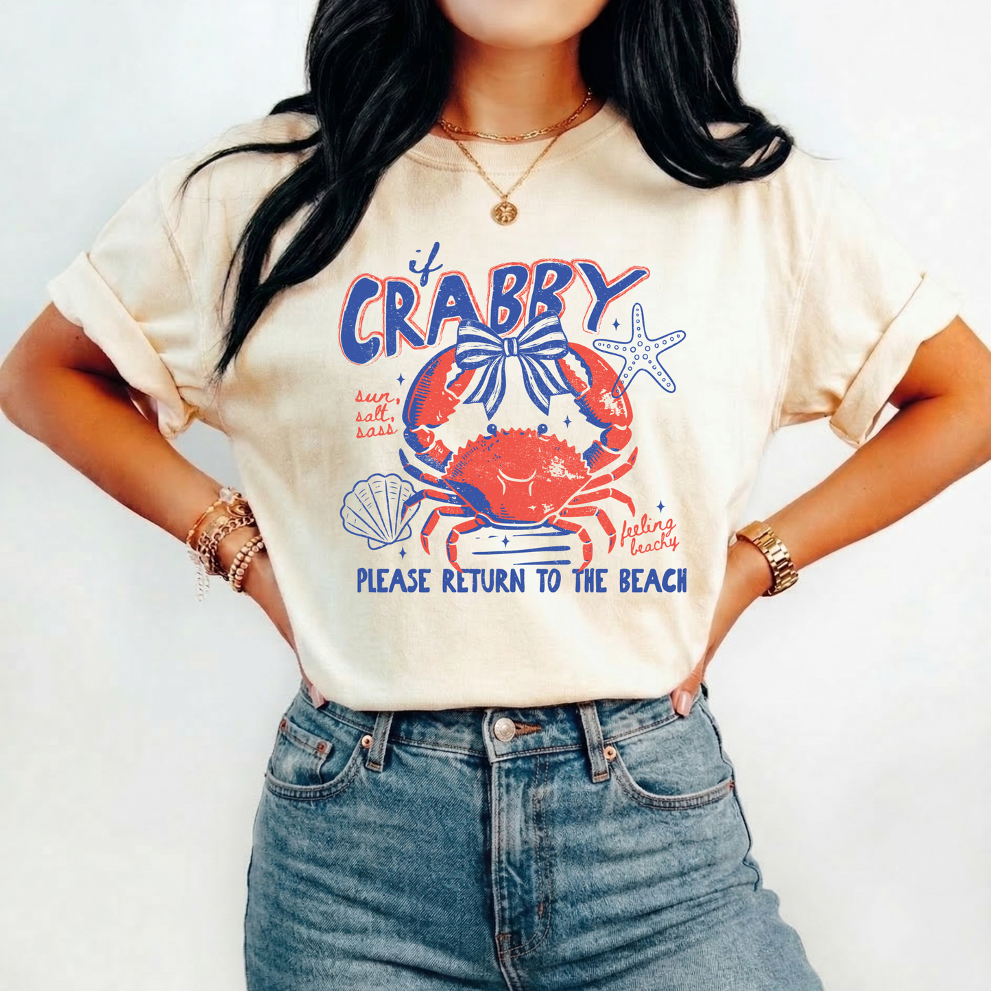 Person wearing a t-shirt with a crab graphic and text on a plain background. beach shirt, coastal tee, funny beach shirt, beach vacation outfit, summer shirt, ocean lover gift, seaside apparel, crab shirt, vacation t-shirt, casual beachwear, coastal clothing, lake life shirt, beach humor tee, seaside gifts, unisex beach shirt