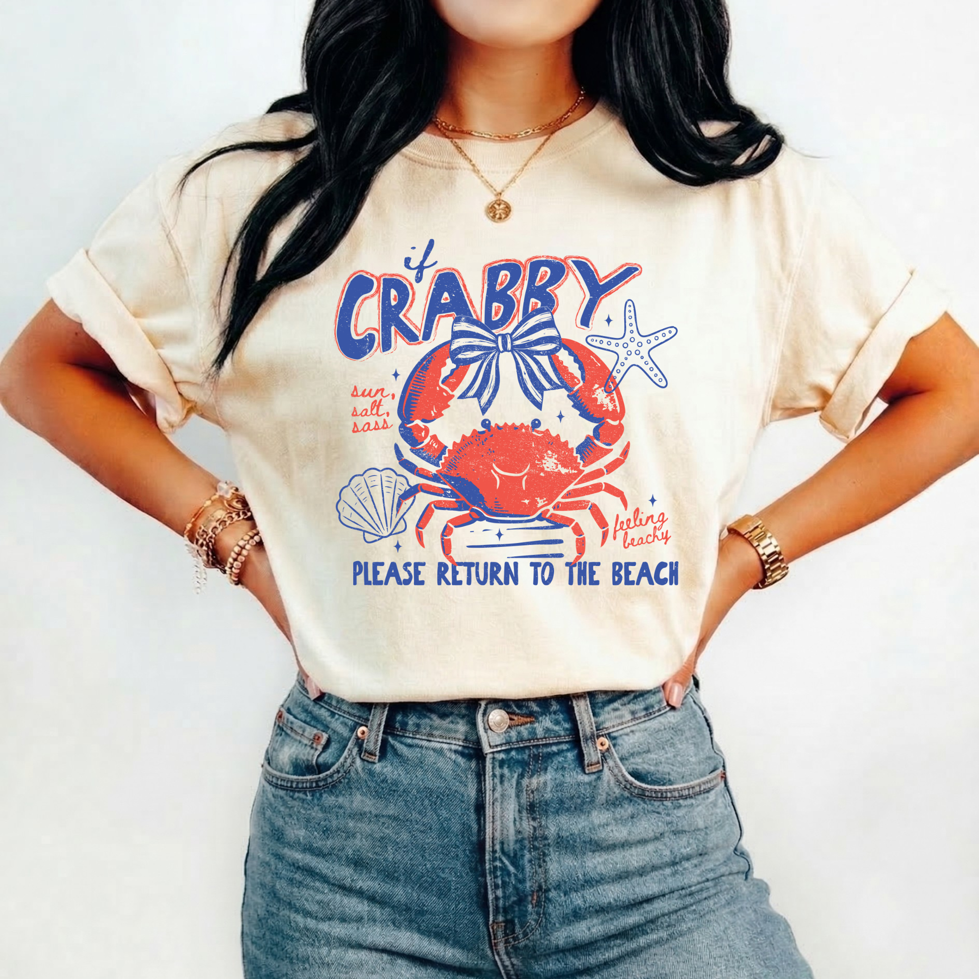 Person wearing a t-shirt with a crab graphic and text on a plain background. beach shirt, coastal tee, funny beach shirt, beach vacation outfit, summer shirt, ocean lover gift, seaside apparel, crab shirt, vacation t-shirt, casual beachwear, coastal clothing, lake life shirt, beach humor tee, seaside gifts, unisex beach shirt