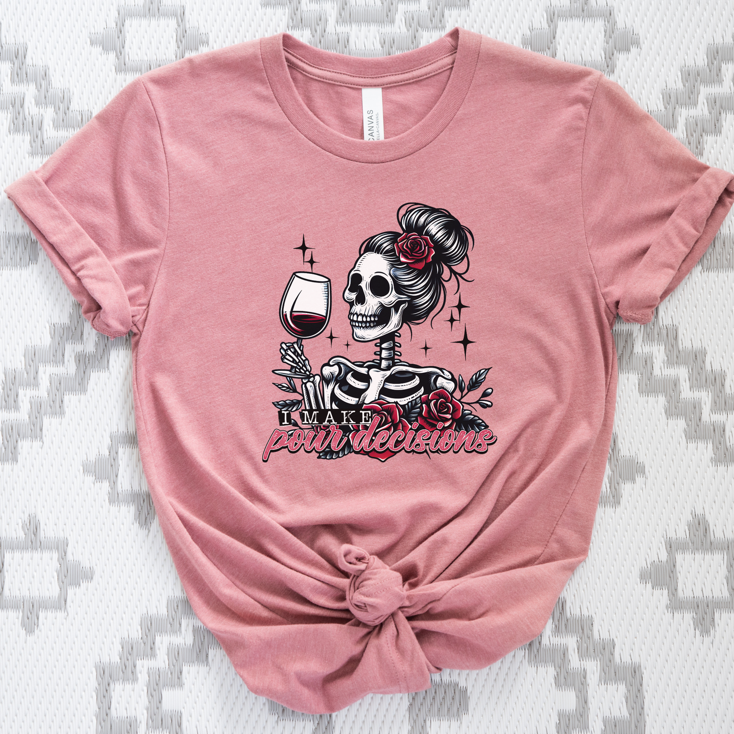 I Make Pour Decisions Shirt featuring a skeleton holding a glass of red wine with roses, sparkles, and funny wine-themed lettering. i make pour decisions shirt, wine lover shirt, funny wine shirt, wine mom shirt, skeleton wine shirt, wine drinking shirt, wine pun shirt, funny mom shirt, girls wine night shirt, vineyard outfit, spooky wine shirt, halloween wine shirt, wine enthusiast gift, wine tasting shirt, gothic wine shirt, funny drinking shirt, girls trip shirt, wine lover gift, skeleton shirt, wine hum
