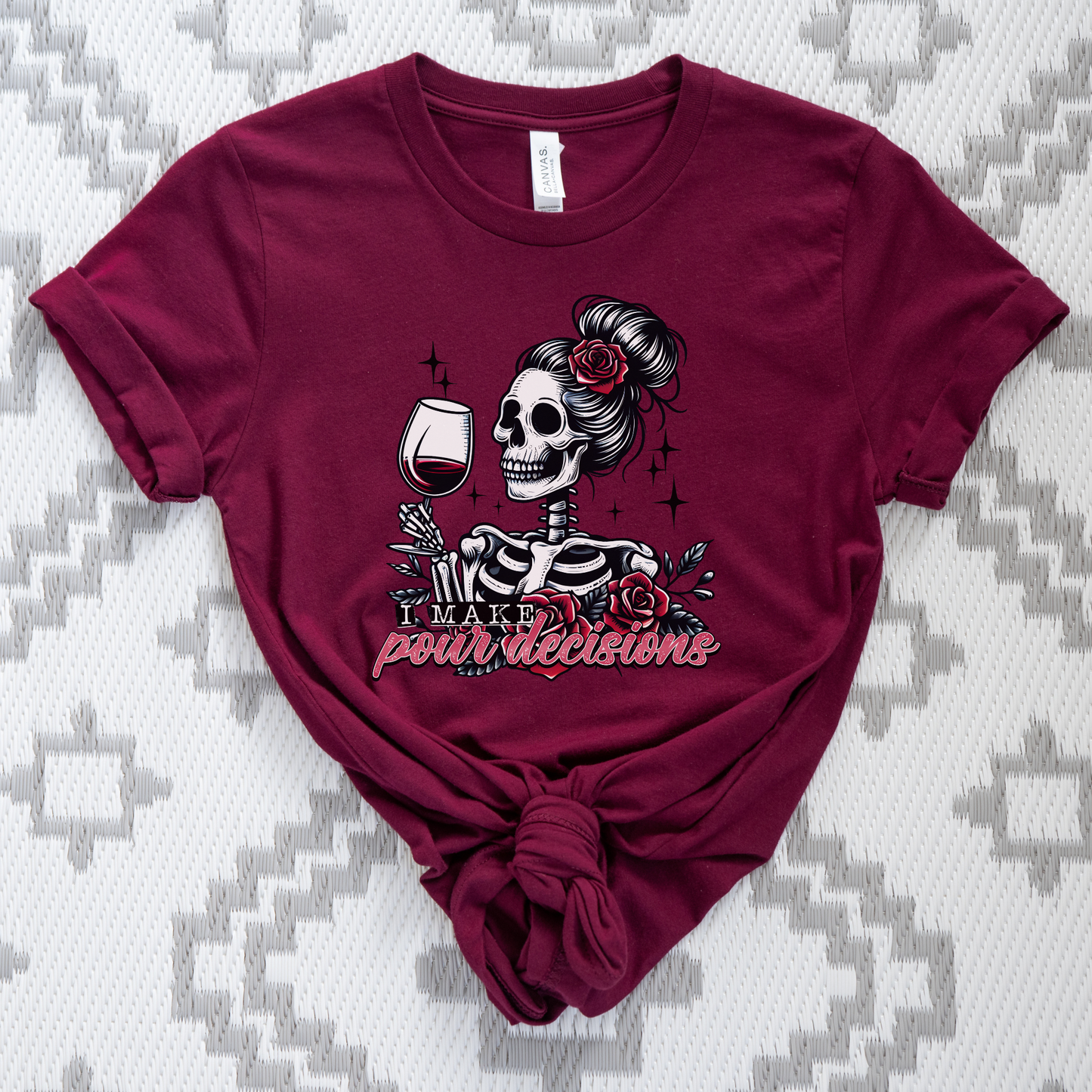 I Make Pour Decisions Shirt featuring a skeleton holding a glass of red wine with roses, sparkles, and funny wine-themed lettering. i make pour decisions shirt, wine lover shirt, funny wine shirt, wine mom shirt, skeleton wine shirt, wine drinking shirt, wine pun shirt, funny mom shirt, girls wine night shirt, vineyard outfit, spooky wine shirt, halloween wine shirt, wine enthusiast gift, wine tasting shirt, gothic wine shirt, funny drinking shirt, girls trip shirt, wine lover gift, skeleton shirt, wine hum