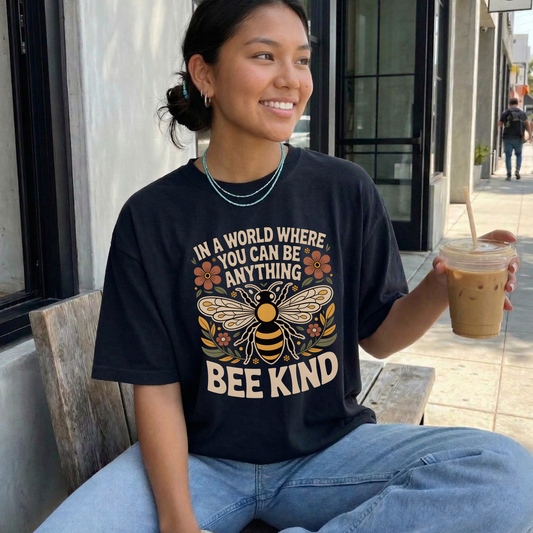 Person wearing a t-shirt with a bee-themed message, sitting outdoors holding a drink. 
