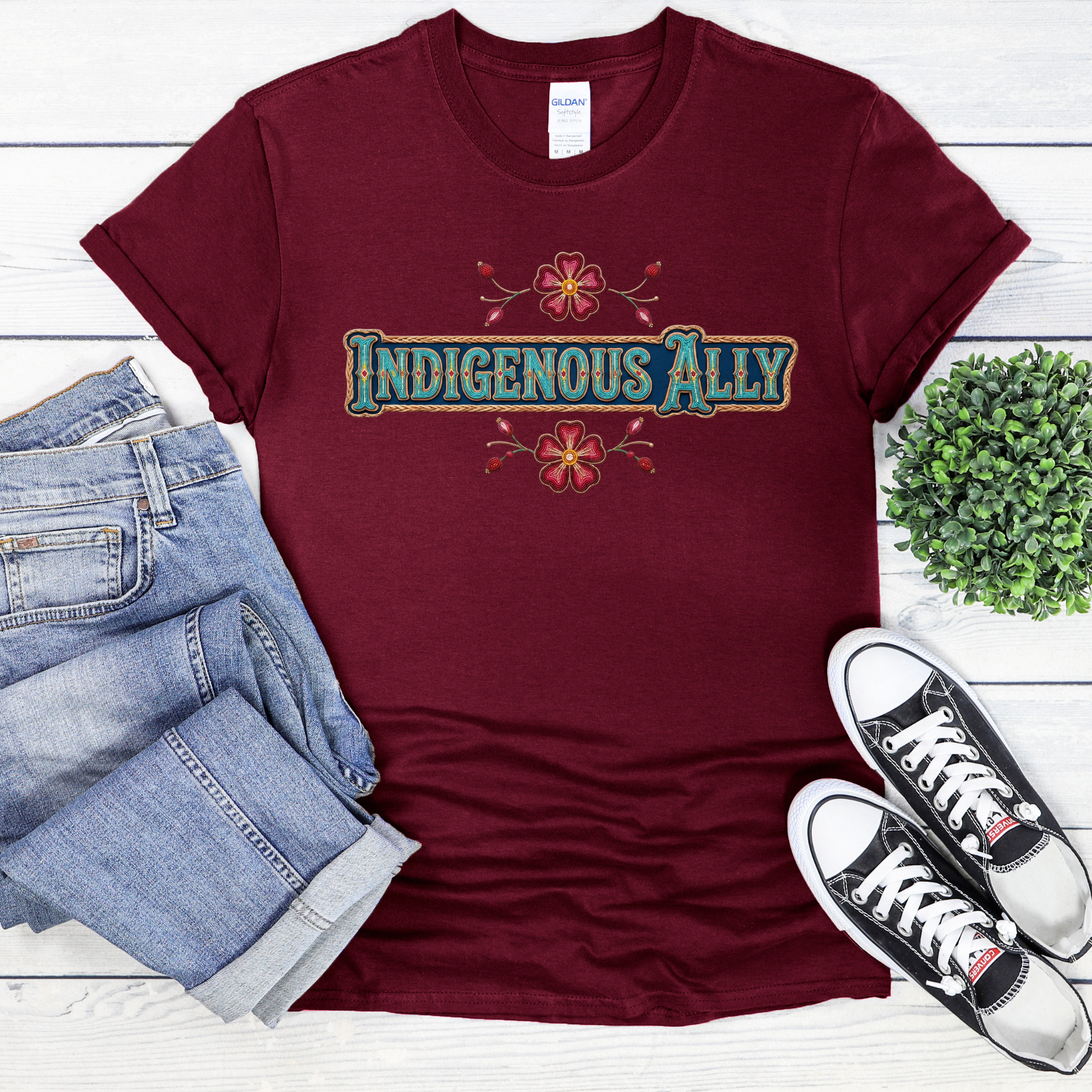 indigenous ally shirt, indigenous supporter tee, ally apparel, indigenous awareness shirt, beaded floral shirt, native inspired design, solidarity shirt, indigenous rights apparel, ally gift idea, floral beadwork tee, truth and reconciliation shirt, indigenous community support, unisex graphic tee, awareness clothing, indigenous ally apparel