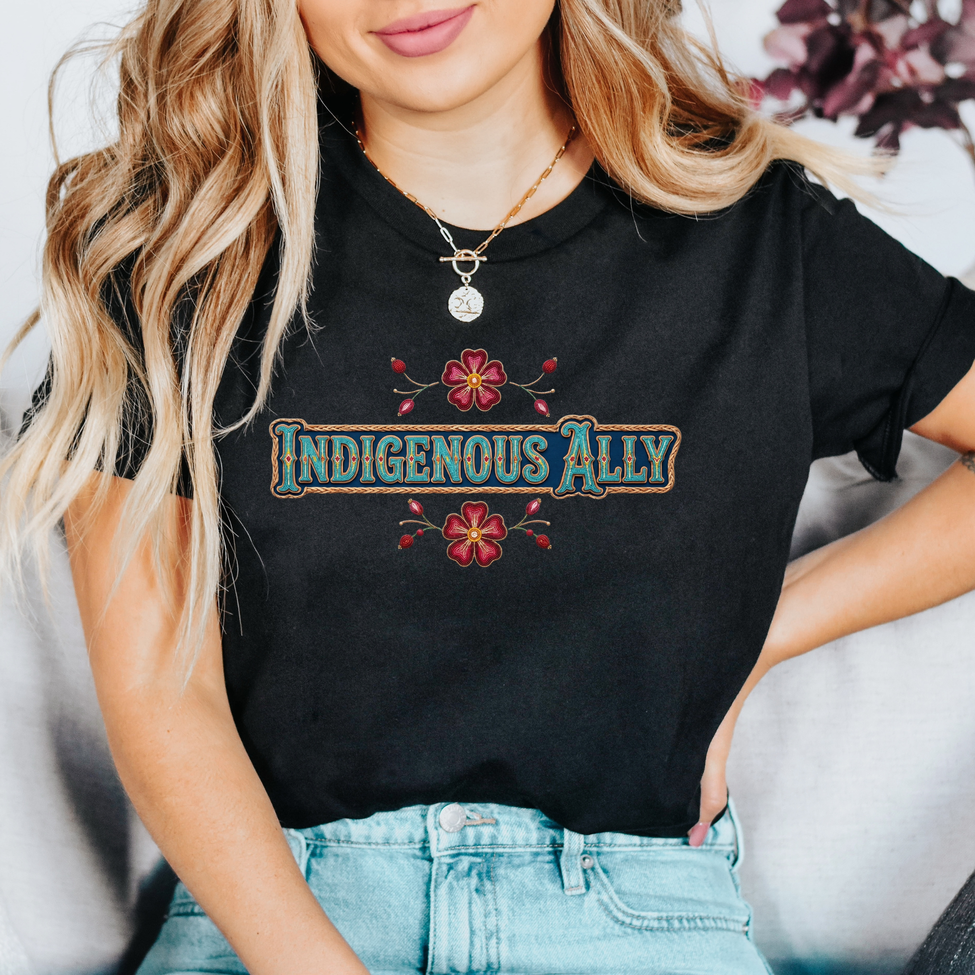 indigenous ally shirt, indigenous supporter tee, ally apparel, indigenous awareness shirt, beaded floral shirt, native inspired design, solidarity shirt, indigenous rights apparel, ally gift idea, floral beadwork tee, truth and reconciliation shirt, indigenous community support, unisex graphic tee, awareness clothing, indigenous ally apparel