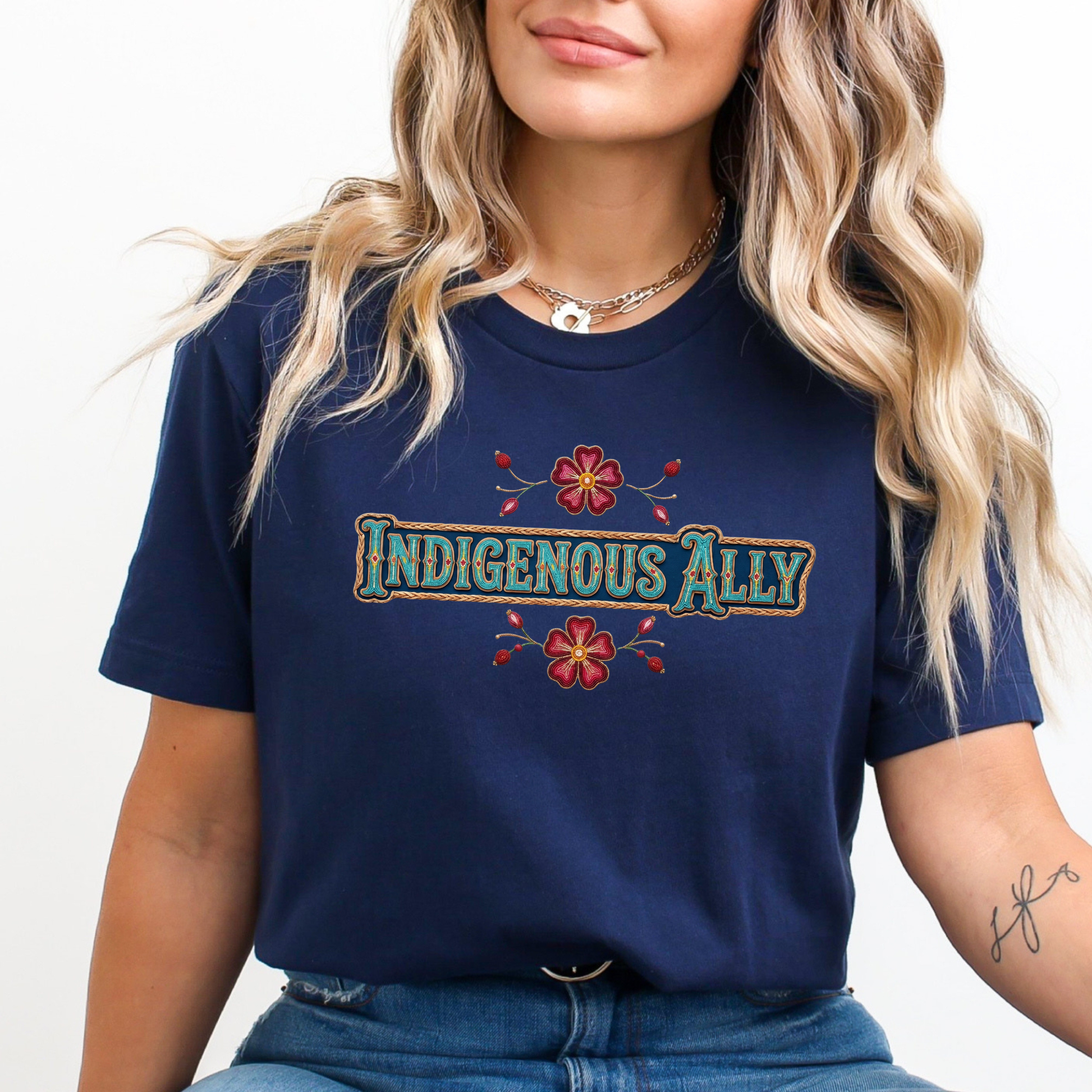 indigenous ally shirt, indigenous supporter tee, ally apparel, indigenous awareness shirt, beaded floral shirt, native inspired design, solidarity shirt, indigenous rights apparel, ally gift idea, floral beadwork tee, truth and reconciliation shirt, indigenous community support, unisex graphic tee, awareness clothing, indigenous ally apparel