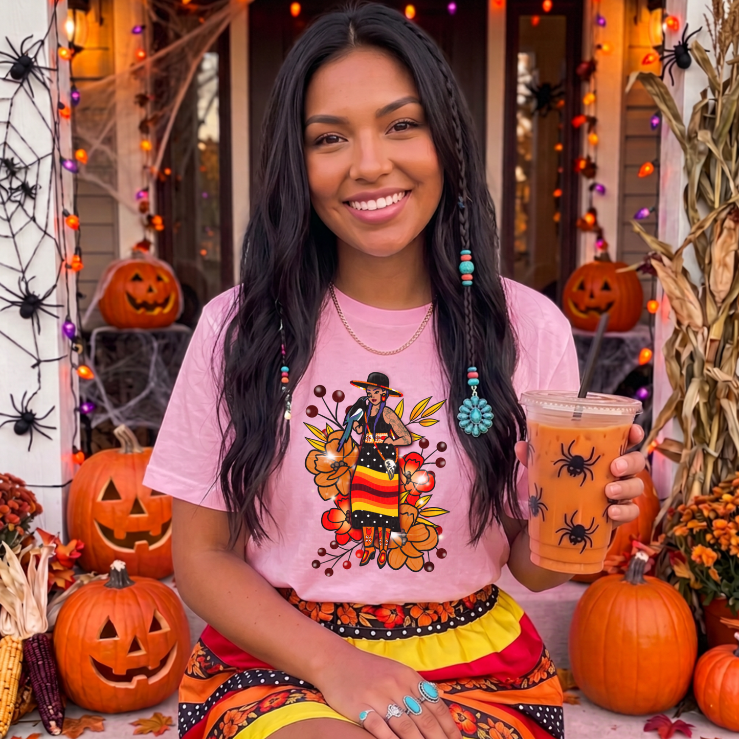 A woman smiling in a Halloween-themed setting, wearing a light pink graphic t-shirt with a colorful witch illustration and a patterned skirt. She is holding a clear plastic cup filled with an orange drink, surrounded by jack-o'-lanterns, spider decorations, and autumn foliage. indigenous autumn shirt, autumn floral shirt, fall graphic tee, indigenous floral shirt, fall aesthetic shirt, indigenous apparel, thanksgiving shirt, pumpkin patch outfit, autumn fashion, indigenous art shirt, cozy fall outfit, flora