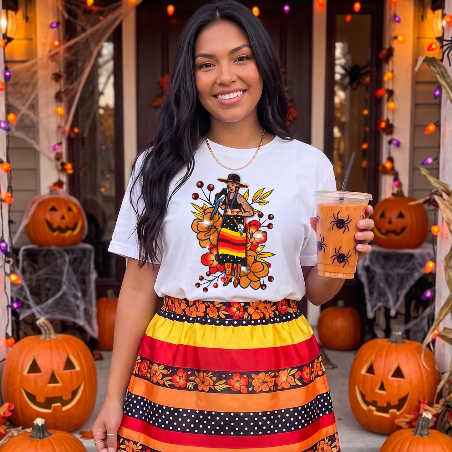 t-shirt featuring an Indigenous-inspired woman surrounded by warm autumn florals and harvest colours in an elegant seasonal design. indigenous autumn shirt, autumn floral shirt, fall graphic tee, indigenous floral shirt, fall aesthetic shirt, indigenous apparel, thanksgiving shirt, pumpkin patch outfit, autumn fashion, indigenous art shirt, cozy fall outfit, floral graphic tee, fall wardrobe, indigenous owned