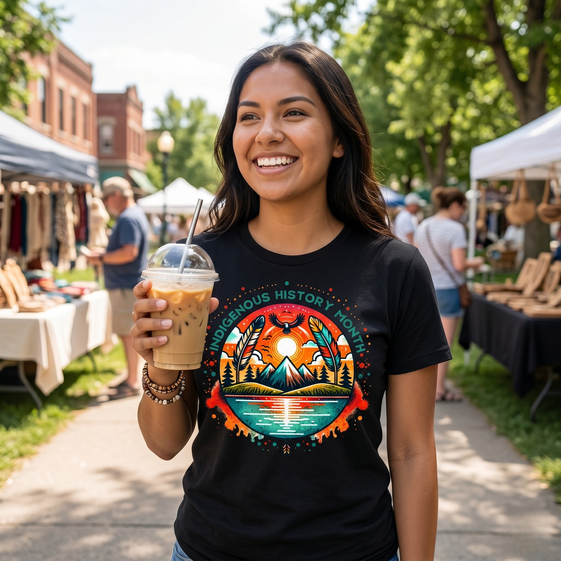 Indigenous History Month shirt with colorful feather, mountain, water, and eagle graphic on a unisex t-shirt. indigenous history month shirt, indigenous pride tee, native pride shirt, unisex graphic tee, cultural celebration shirt, indigenous apparel, feather design shirt, eagle graphic tee, native american shirt, heritage clothing, meaningful statement tee, everyday wear shirt, community event shirt, indigenous month shirt, proud indigenous shirt