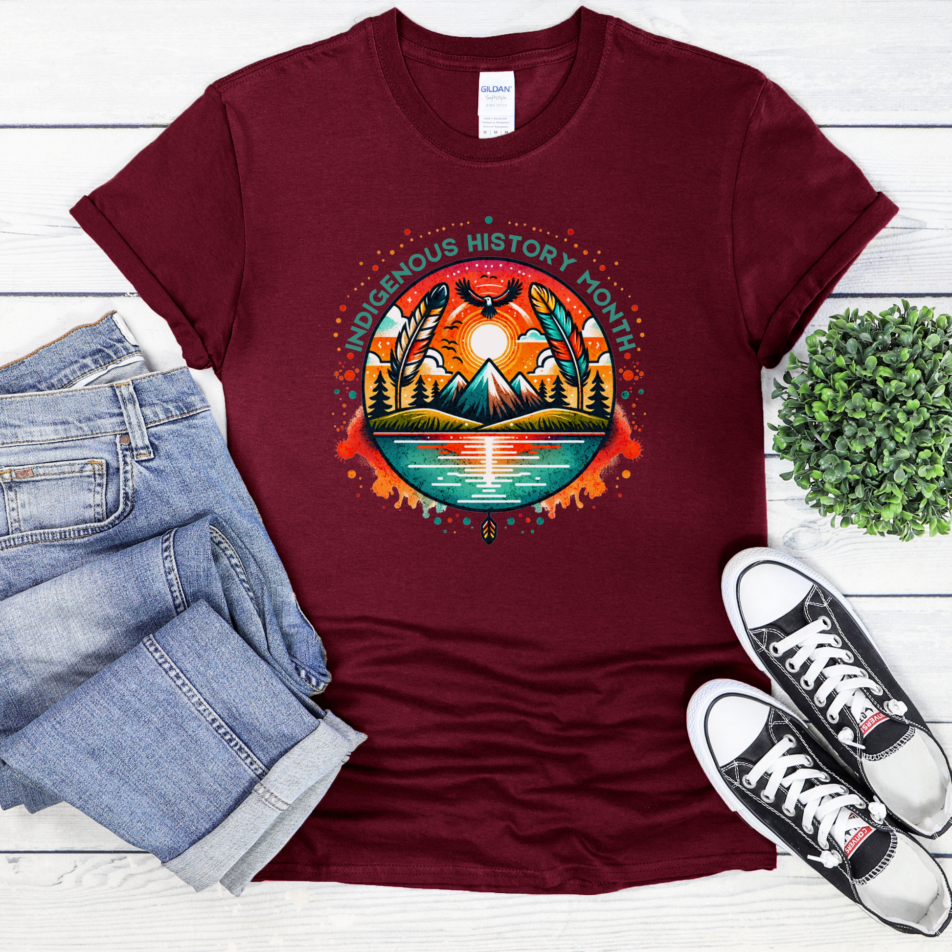 Indigenous History Month shirt with colorful feather, mountain, water, and eagle graphic on a unisex t-shirt. indigenous history month shirt, indigenous pride tee, native pride shirt, unisex graphic tee, cultural celebration shirt, indigenous apparel, feather design shirt, eagle graphic tee, native american shirt, heritage clothing, meaningful statement tee, everyday wear shirt, community event shirt, indigenous month shirt, proud indigenous shirt