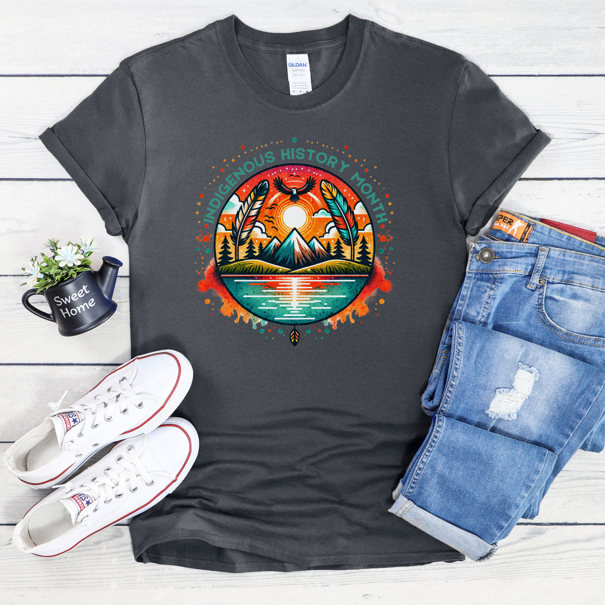 Indigenous History Month shirt with colorful feather, mountain, water, and eagle graphic on a unisex t-shirt. indigenous history month shirt, indigenous pride tee, native pride shirt, unisex graphic tee, cultural celebration shirt, indigenous apparel, feather design shirt, eagle graphic tee, native american shirt, heritage clothing, meaningful statement tee, everyday wear shirt, community event shirt, indigenous month shirt, proud indigenous shirt