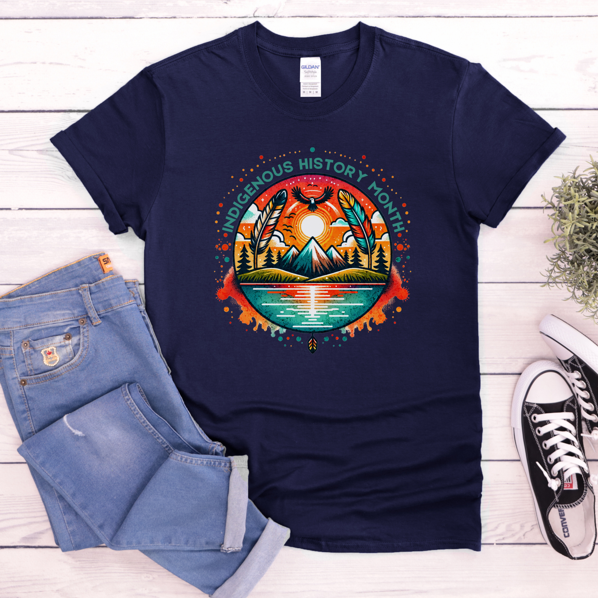 Indigenous History Month shirt with colorful feather, mountain, water, and eagle graphic on a unisex t-shirt. indigenous history month shirt, indigenous pride tee, native pride shirt, unisex graphic tee, cultural celebration shirt, indigenous apparel, feather design shirt, eagle graphic tee, native american shirt, heritage clothing, meaningful statement tee, everyday wear shirt, community event shirt, indigenous month shirt, proud indigenous shirt